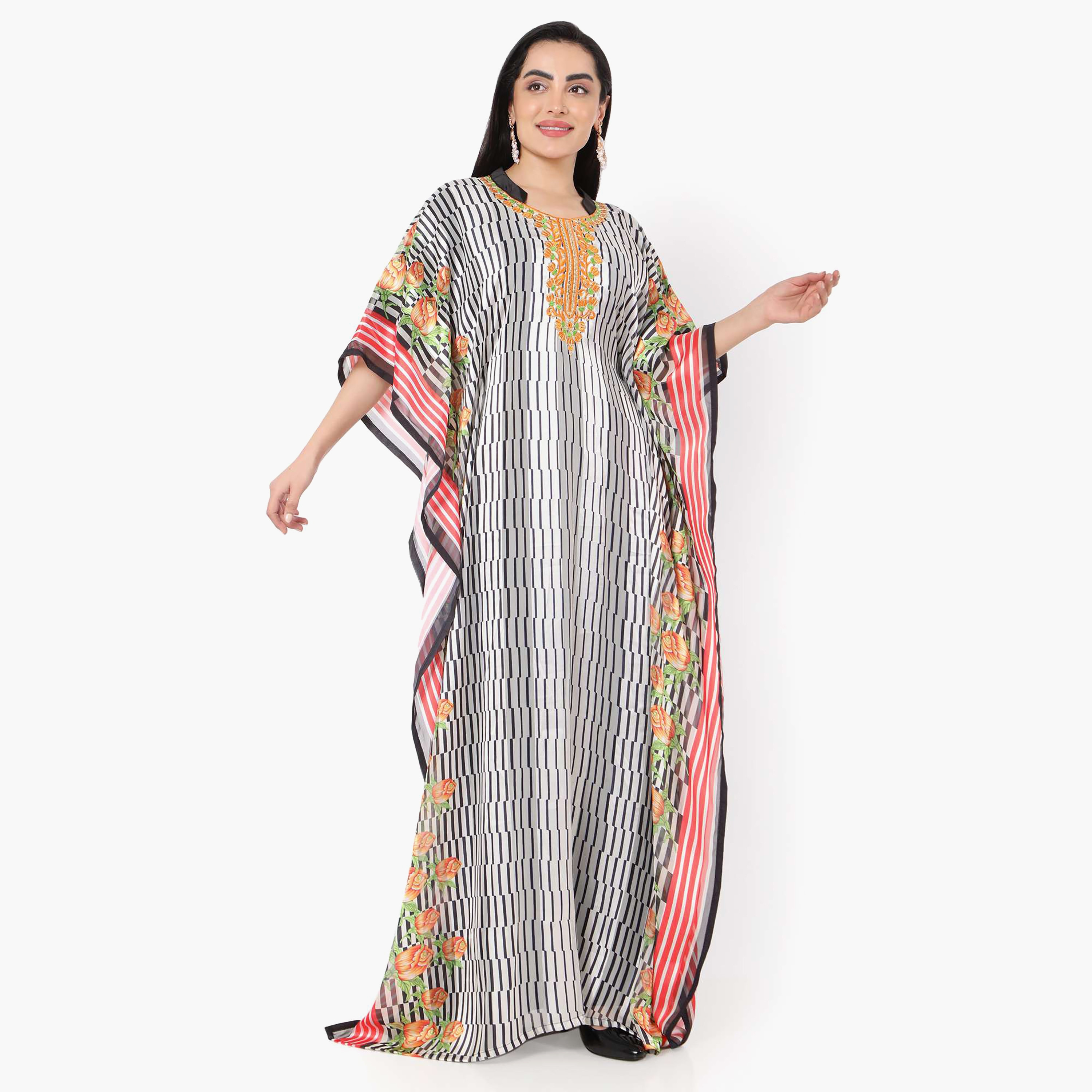 قفطان احتفالي نسائي مخطط بياقة مطرزة وتفاصيل عقدة عند الرقبة وأكمام واسعة من هانا آند سارة-women-arabicclothing-jalabiyas-image-7