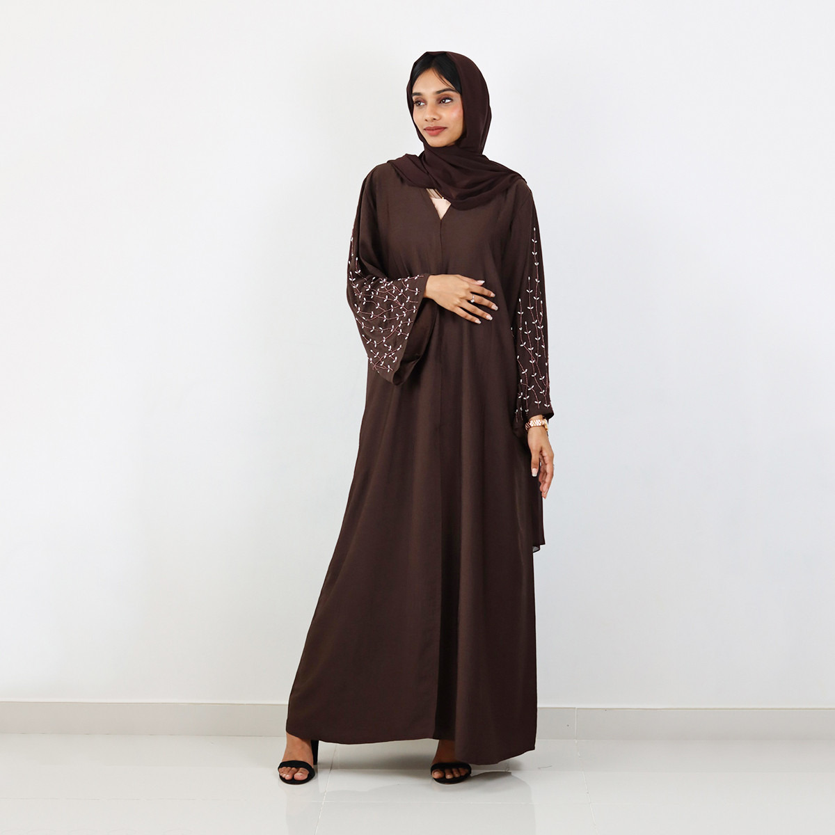 Nukhbaa Embroidered V-neck Abaya with Flared Sleeves-women-arabicclothing-abayas-image-1