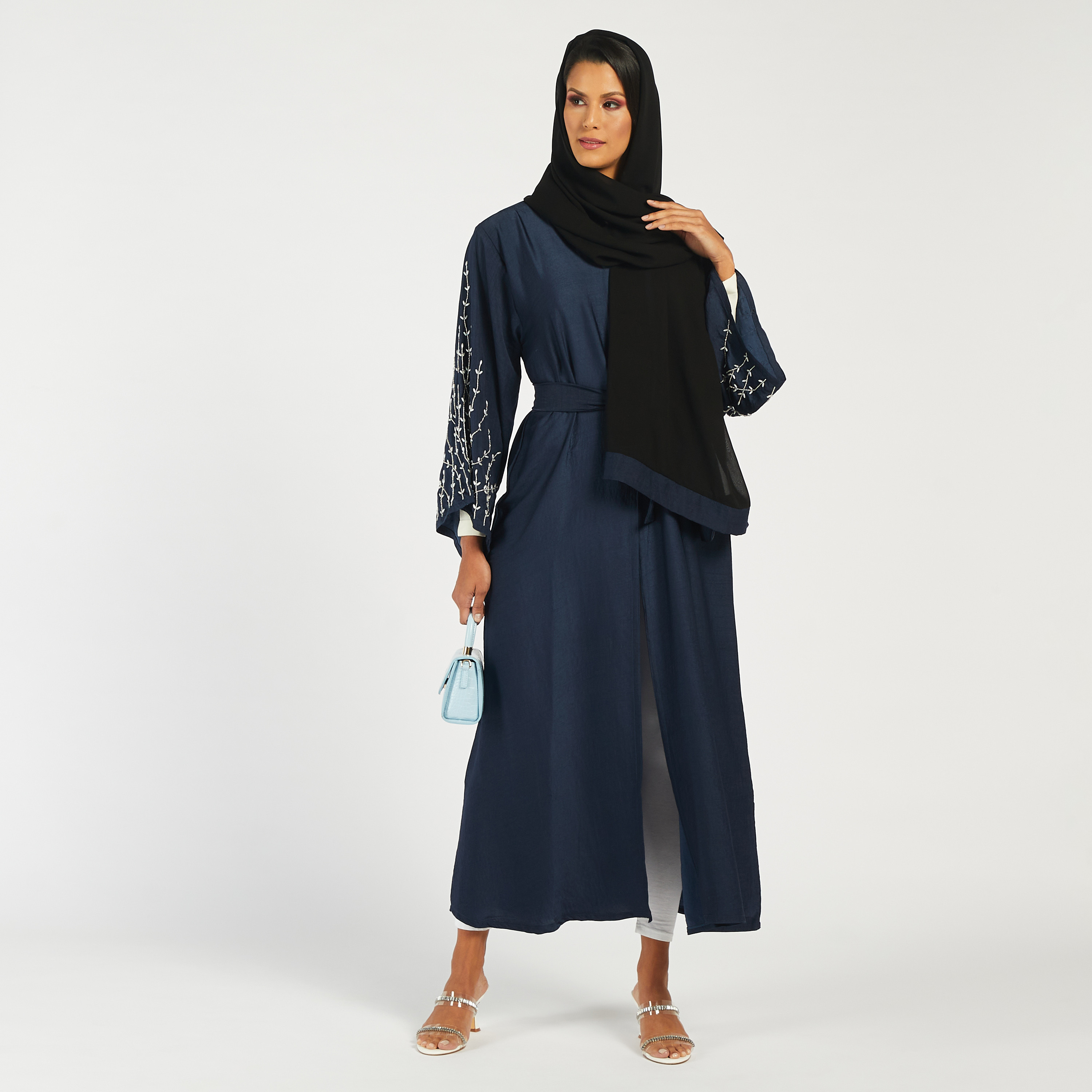 Nukhbaa Embroidered Open Front Abaya with Waist Tie-Up and Hijab-women-arabicclothing-abayas-image-1