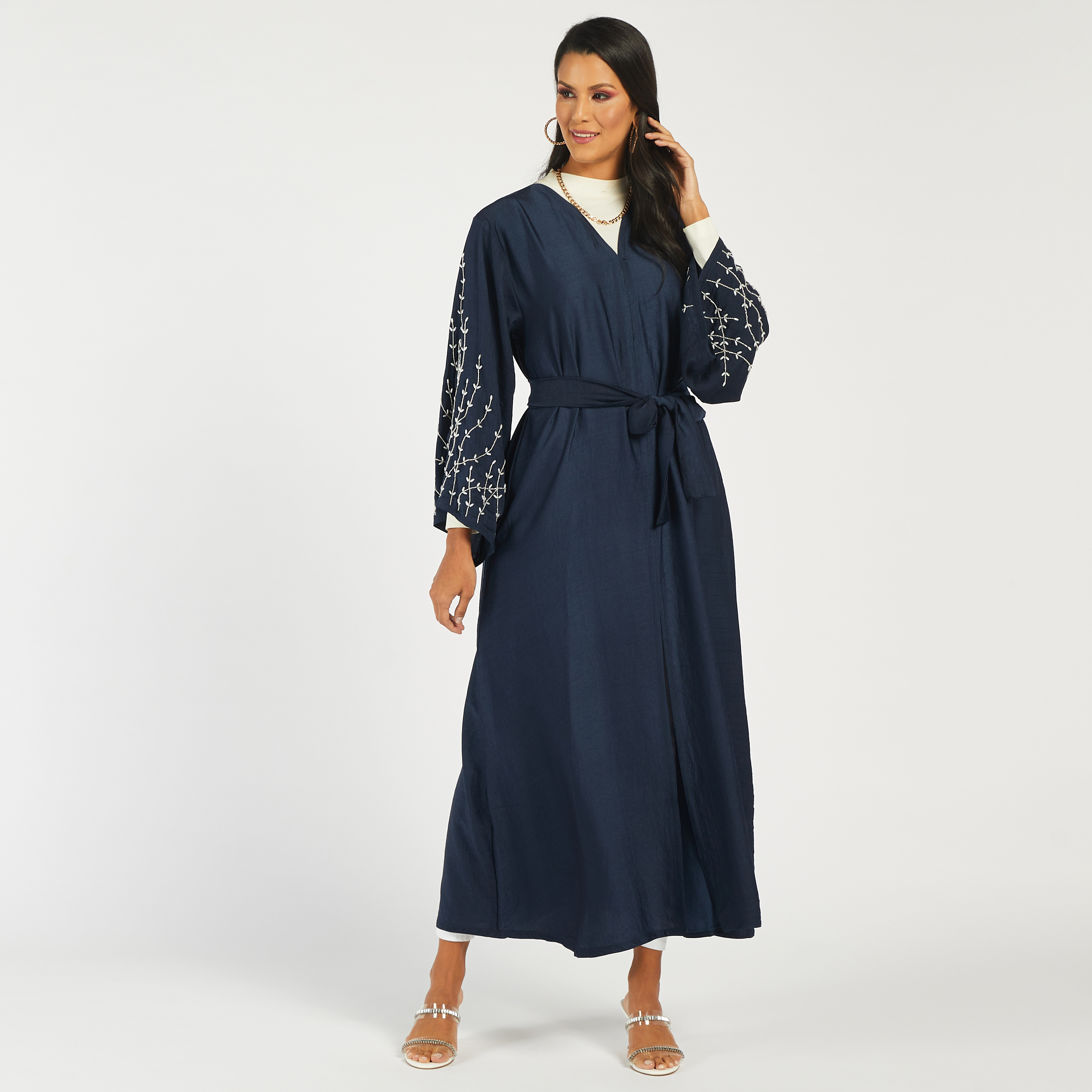 Nukhbaa Embroidered Open Front Abaya with Waist Tie-Up and Hijab-women-arabicclothing-abayas-image-2
