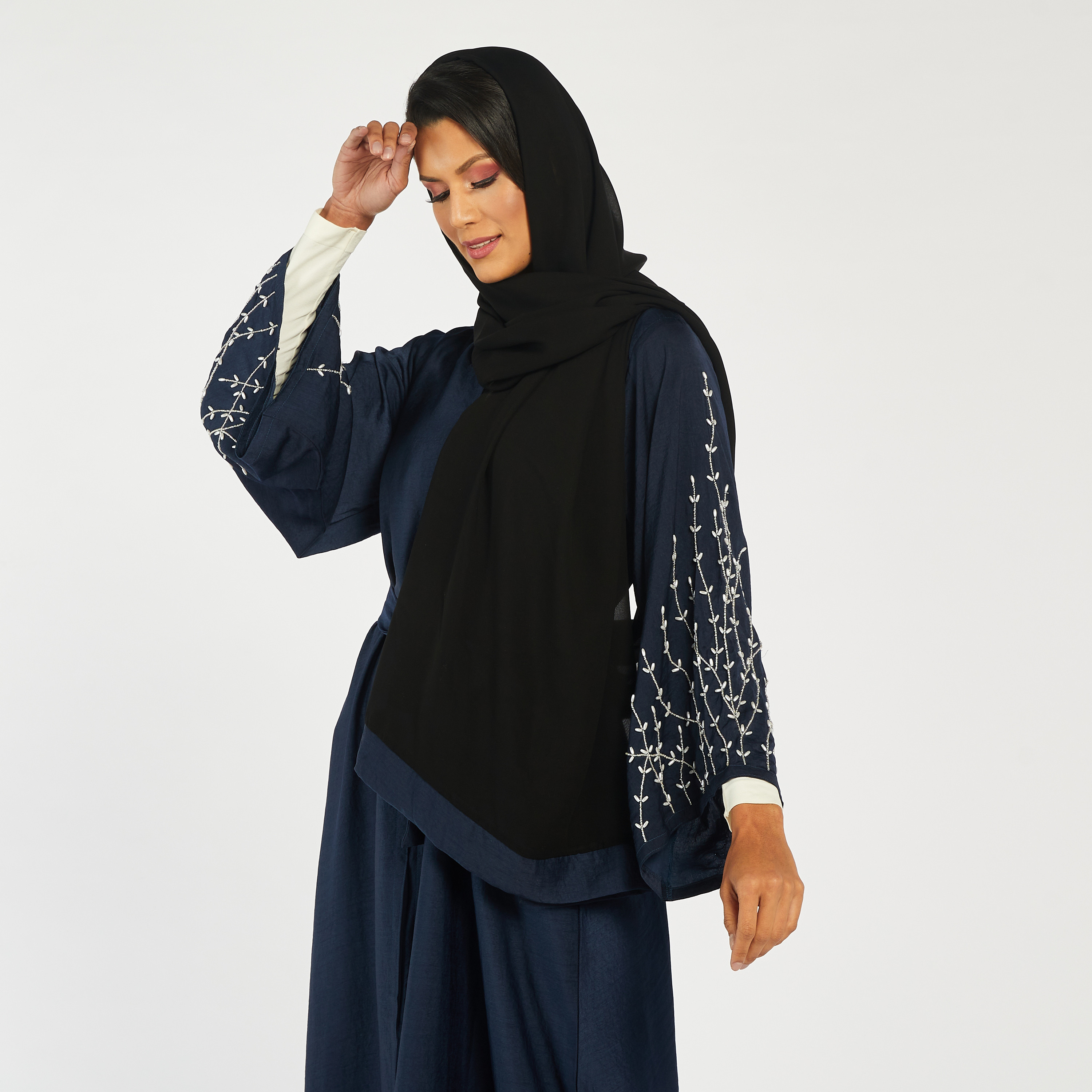 Nukhbaa Embroidered Open Front Abaya with Waist Tie-Up and Hijab-women-arabicclothing-abayas-image-3
