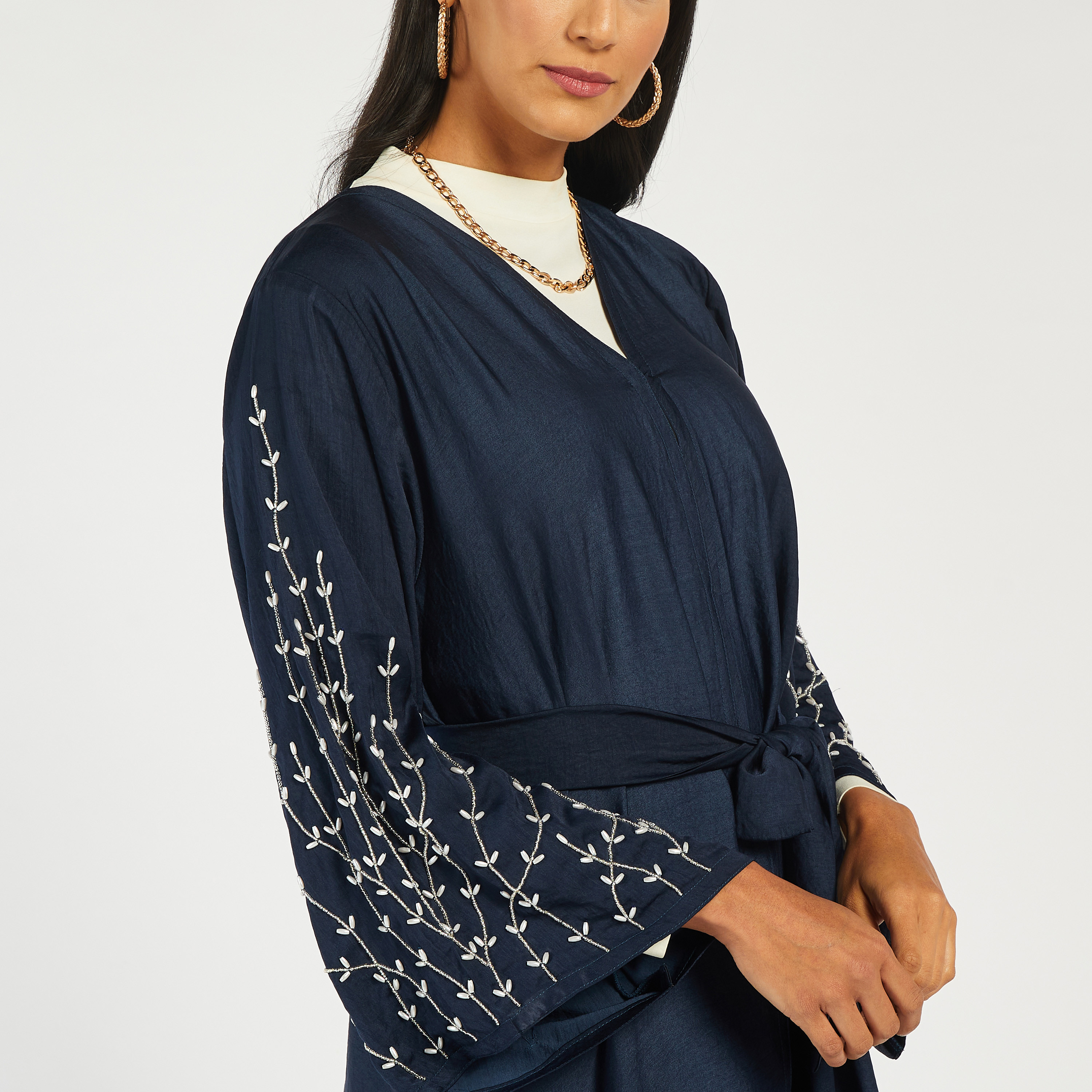 Nukhbaa Embroidered Open Front Abaya with Waist Tie-Up and Hijab-women-arabicclothing-abayas-image-4