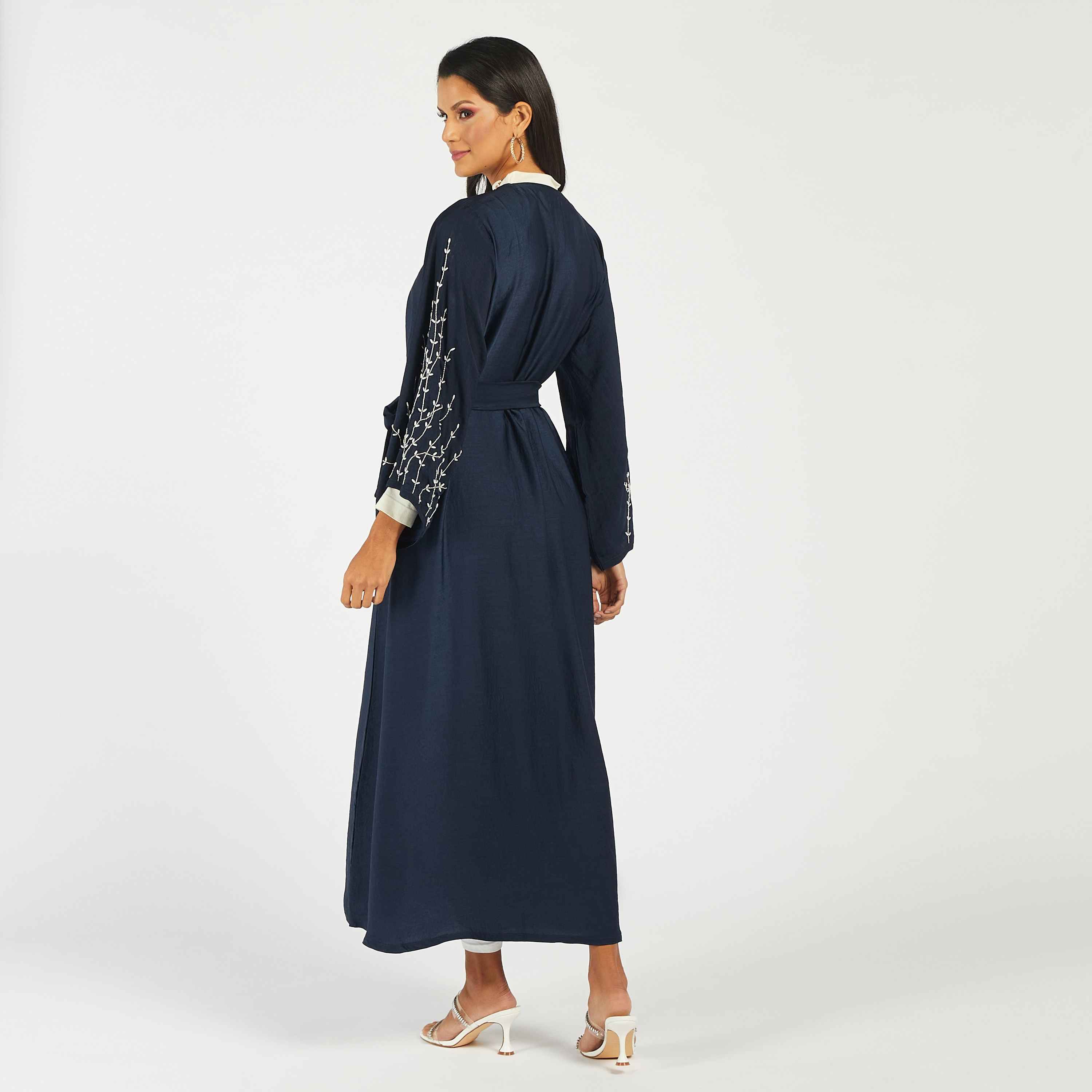Nukhbaa Embroidered Open Front Abaya with Waist Tie-Up and Hijab-women-arabicclothing-abayas-image-5