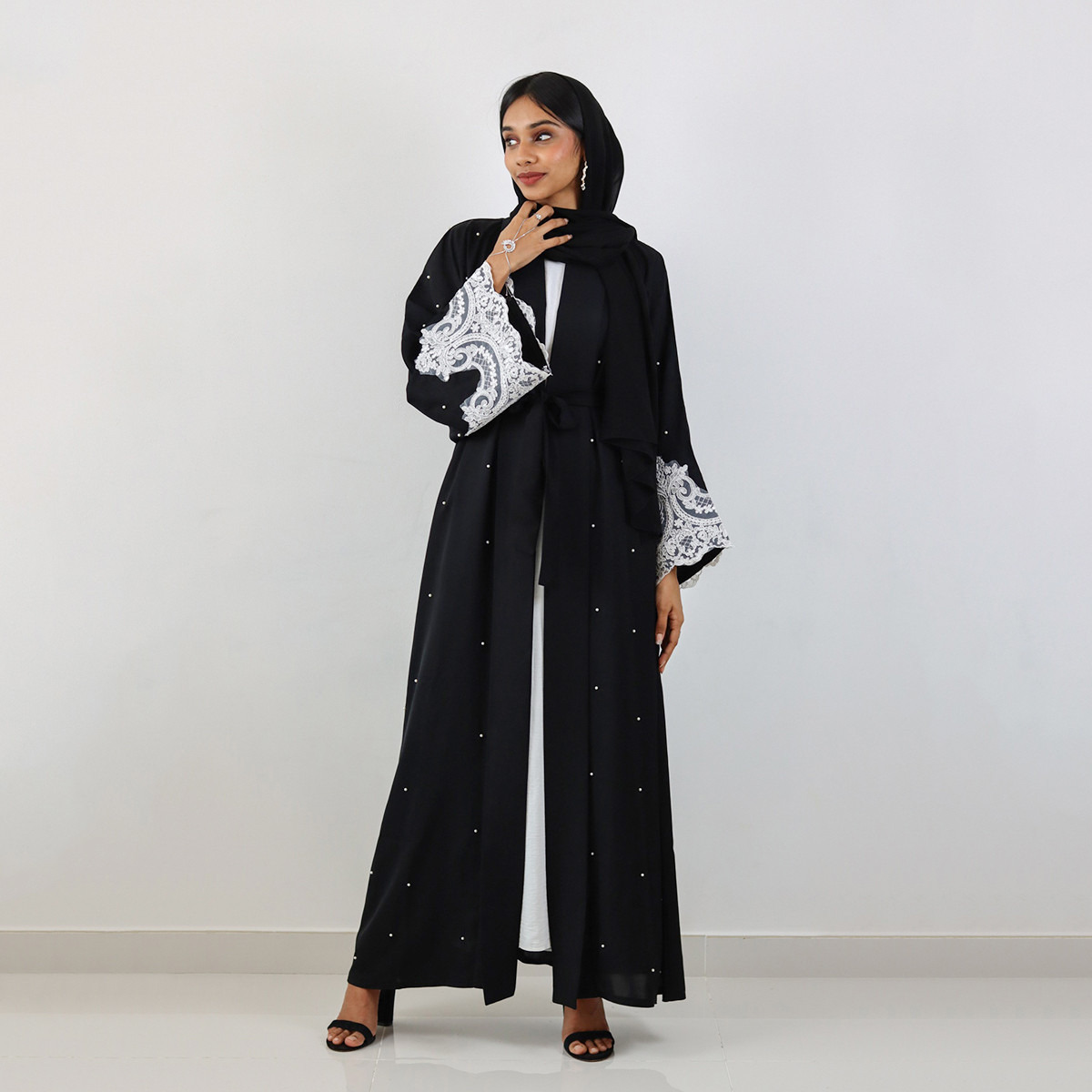 Nukhbaa Embellished Open Front Abaya with Flared Sleeves and Hijab-women-arabicclothing-abayas-image-1
