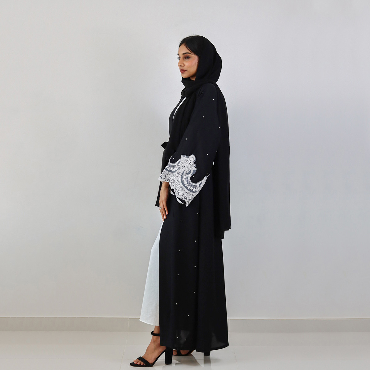 Nukhbaa Embellished Open Front Abaya with Flared Sleeves and Hijab-women-arabicclothing-abayas-image-3