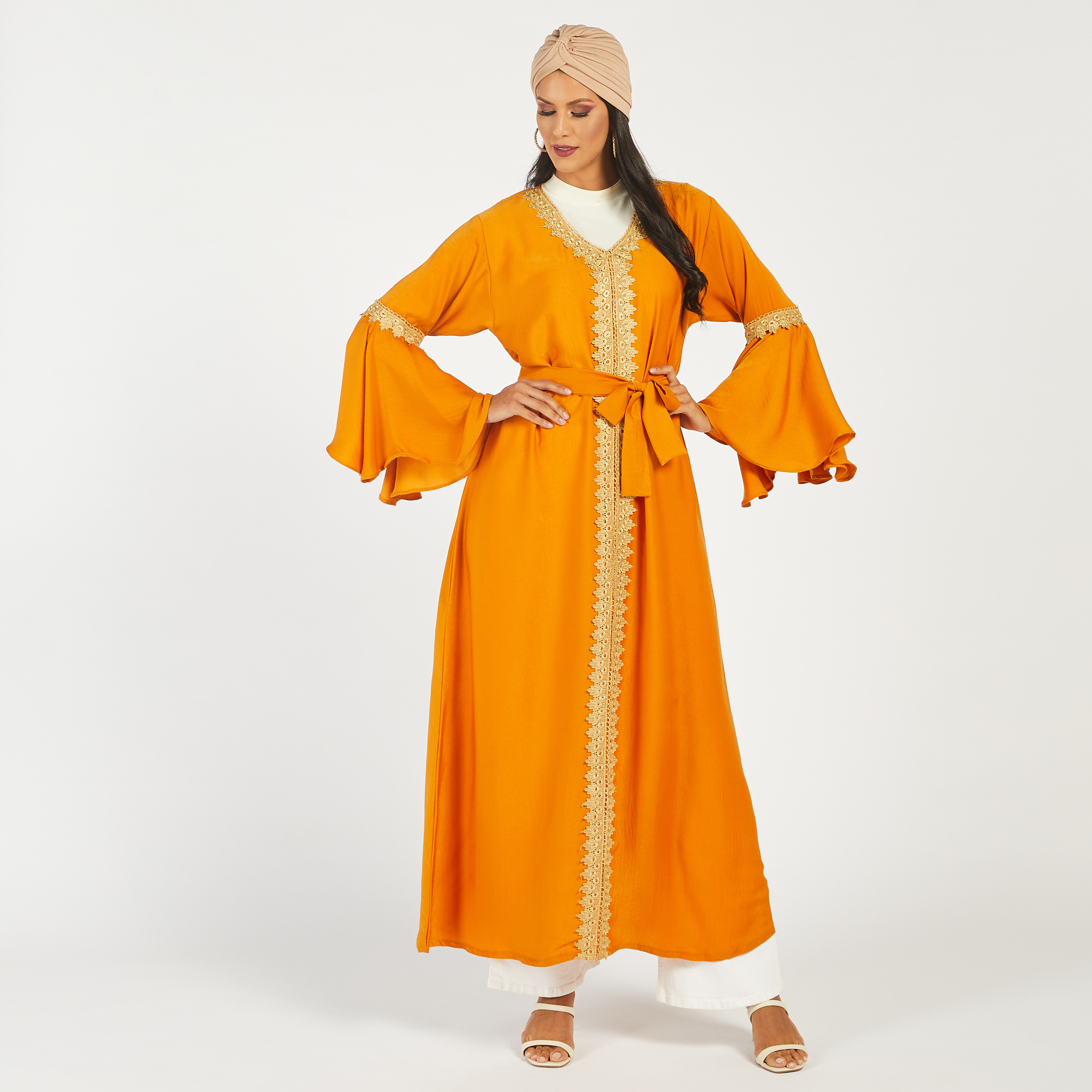 Nukhbaa Embroidered Abaya with Tie-Up Belt and Long Bell Sleeves-women-arabicclothing-abayas-image-2
