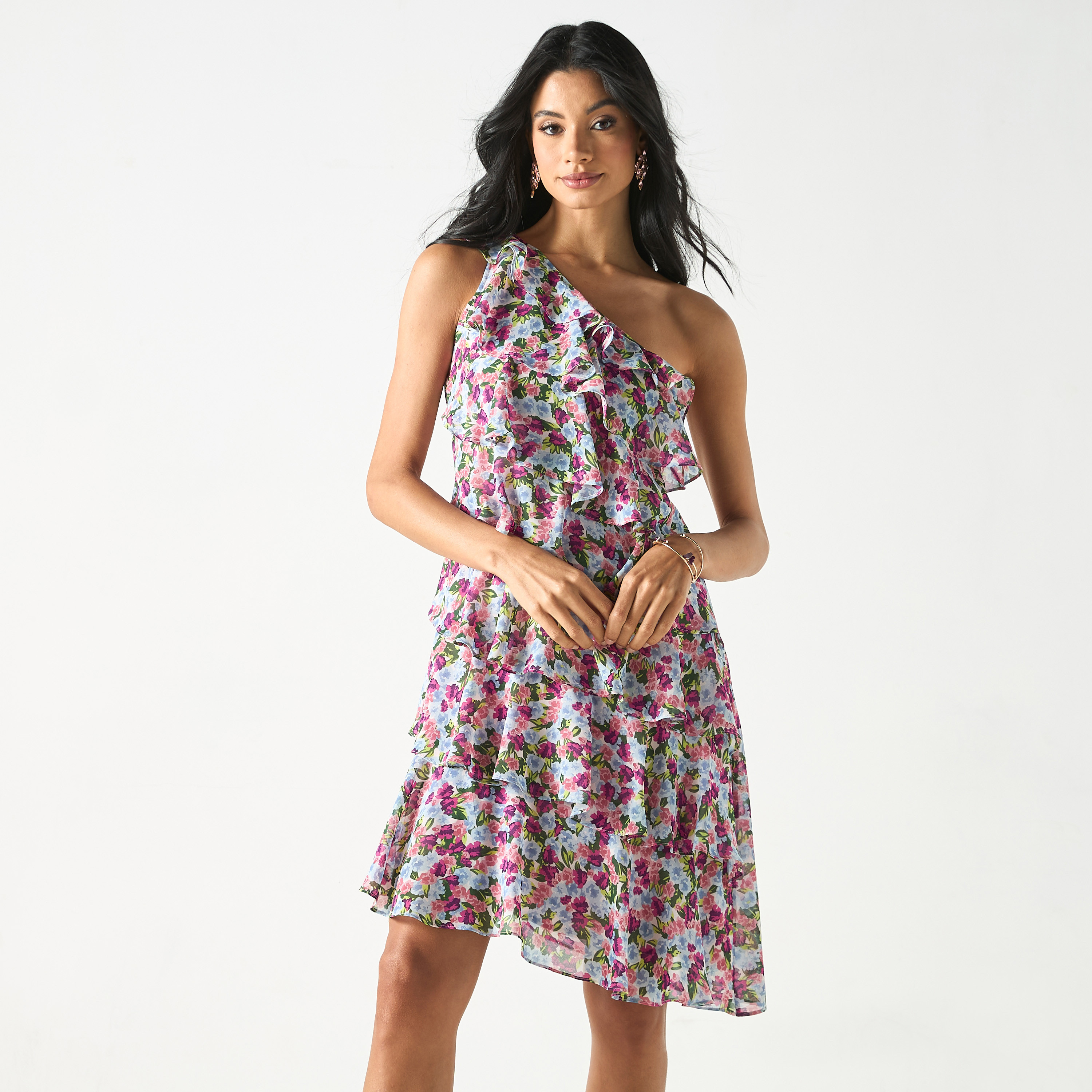 فستان كشكش بكتف واحد وطبعات أزهار-women-clothing-dresses-image-1