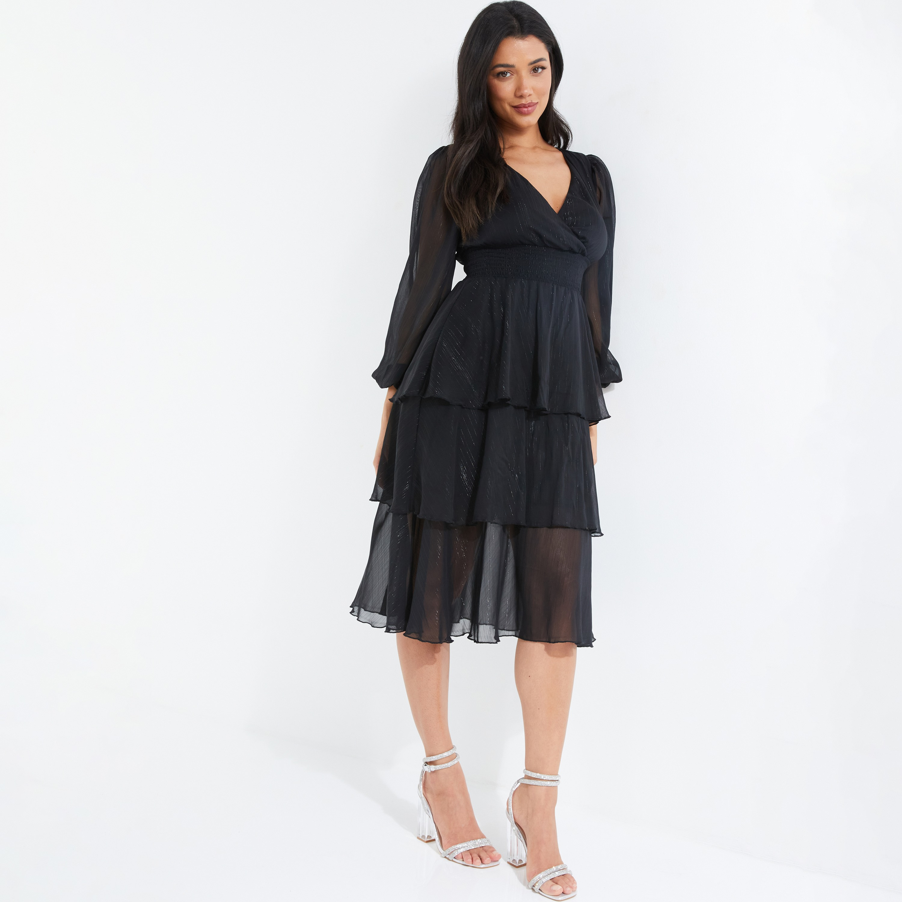 كويز - فستان لف متوسط الطول بياقة V - بريق-women-clothing-dresses-image-2