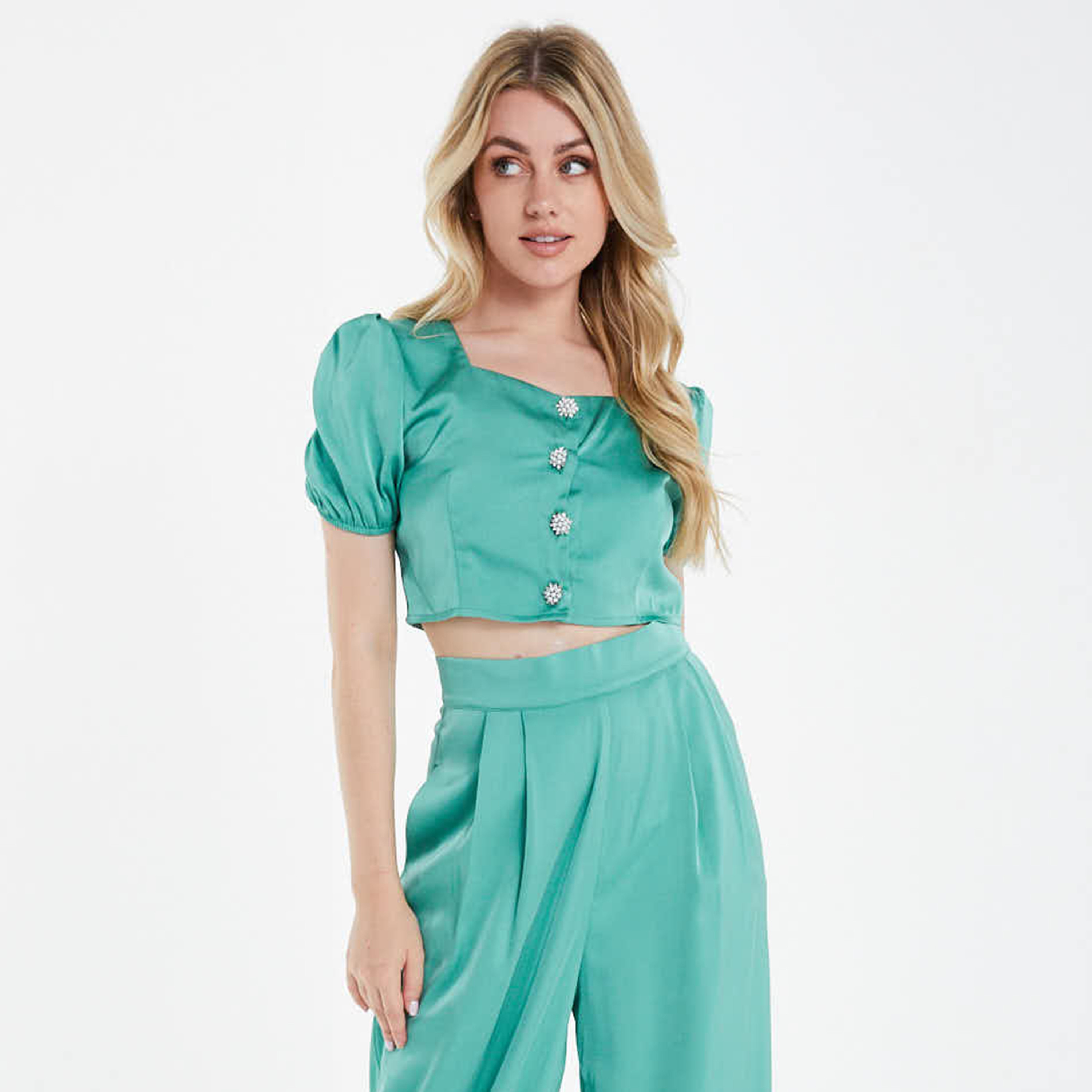 Quiz Satin Plain Sweetheart Neck Puff Sleeves Crop Top-women-clothing-shirtsandblouses-blouses-image-1