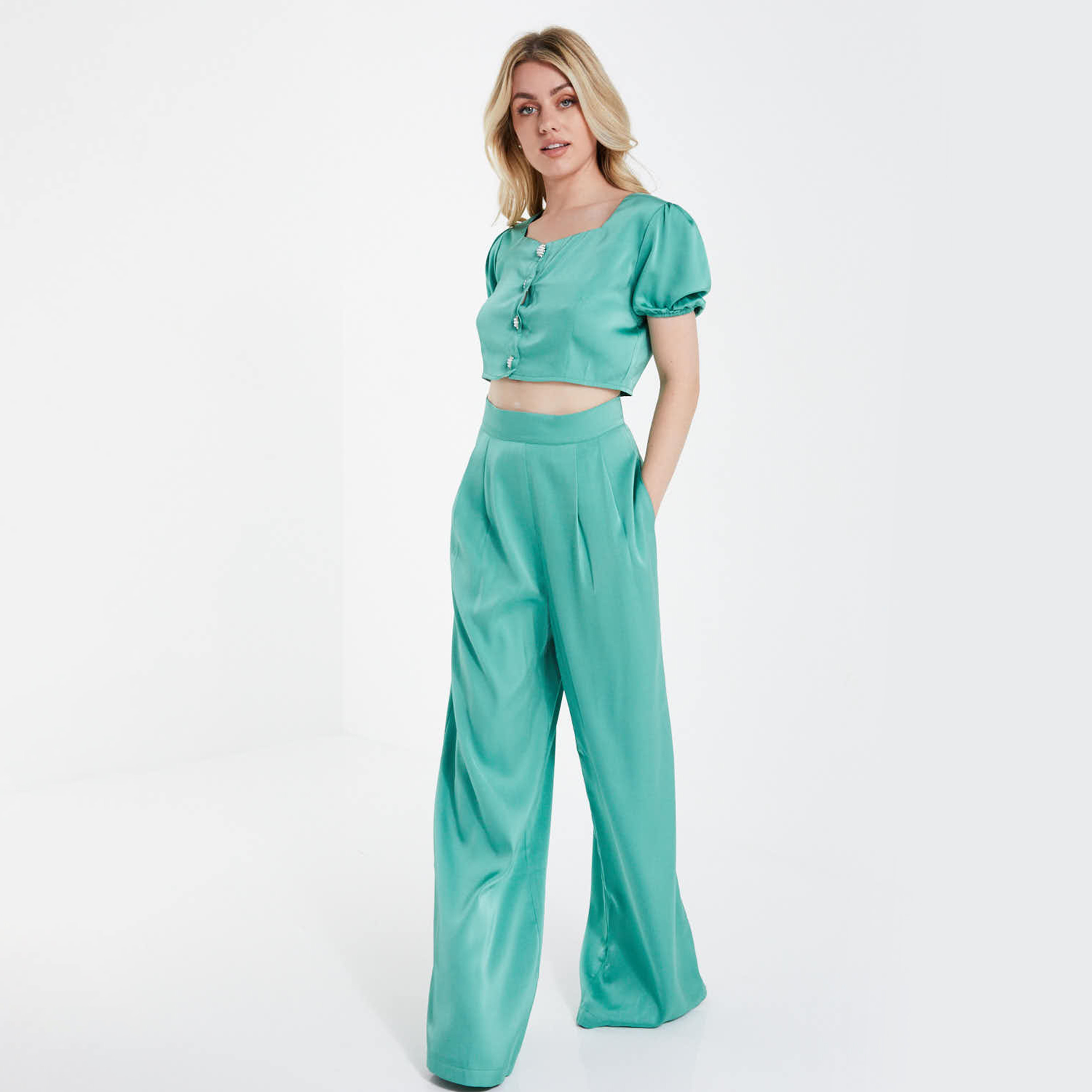 Quiz Satin Plain Sweetheart Neck Puff Sleeves Crop Top-women-clothing-shirtsandblouses-blouses-image-2