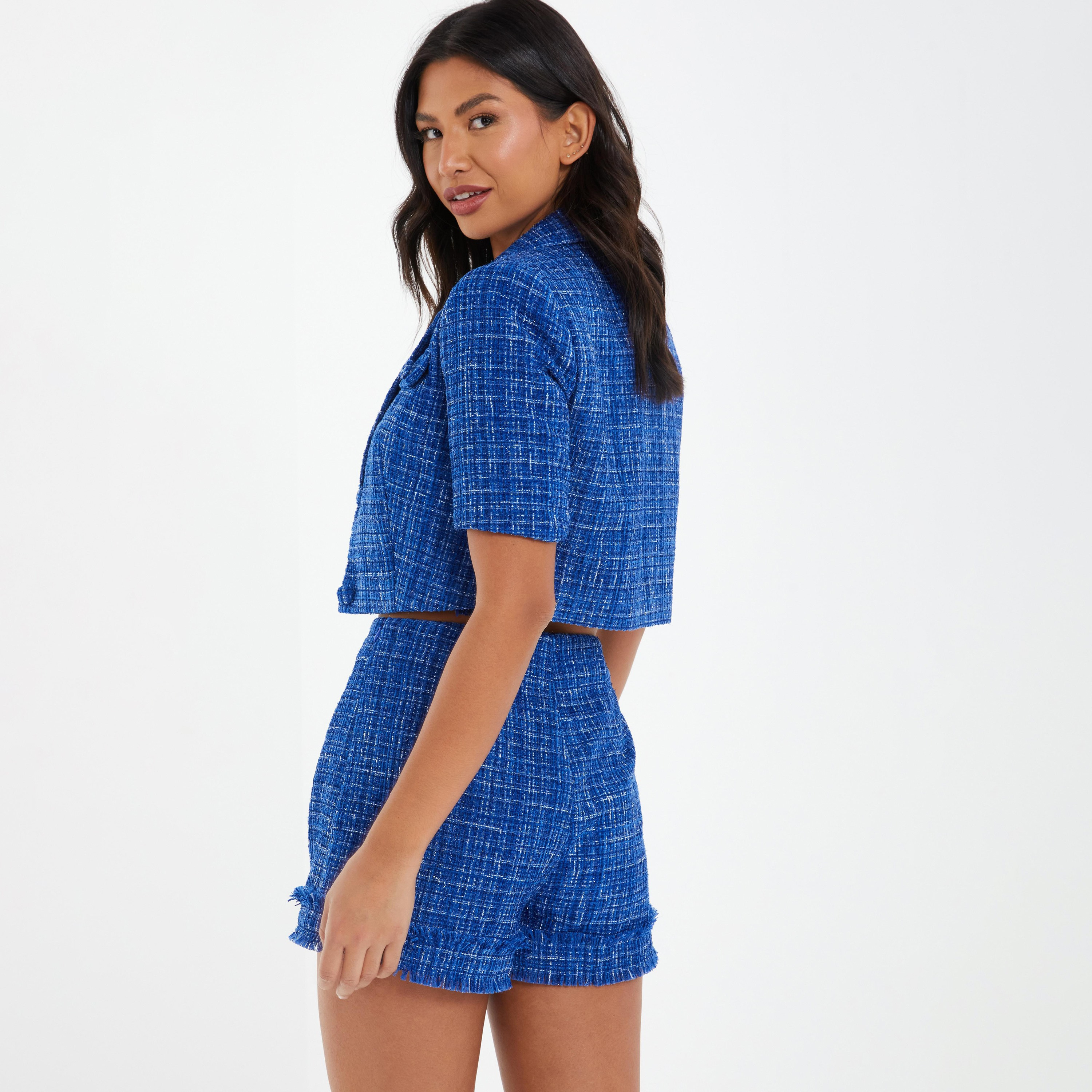 Quiz Checked Notched Lapel Short Sleeves Crop Blazer-women-clothing-coatsandjackets-blazers-image-4