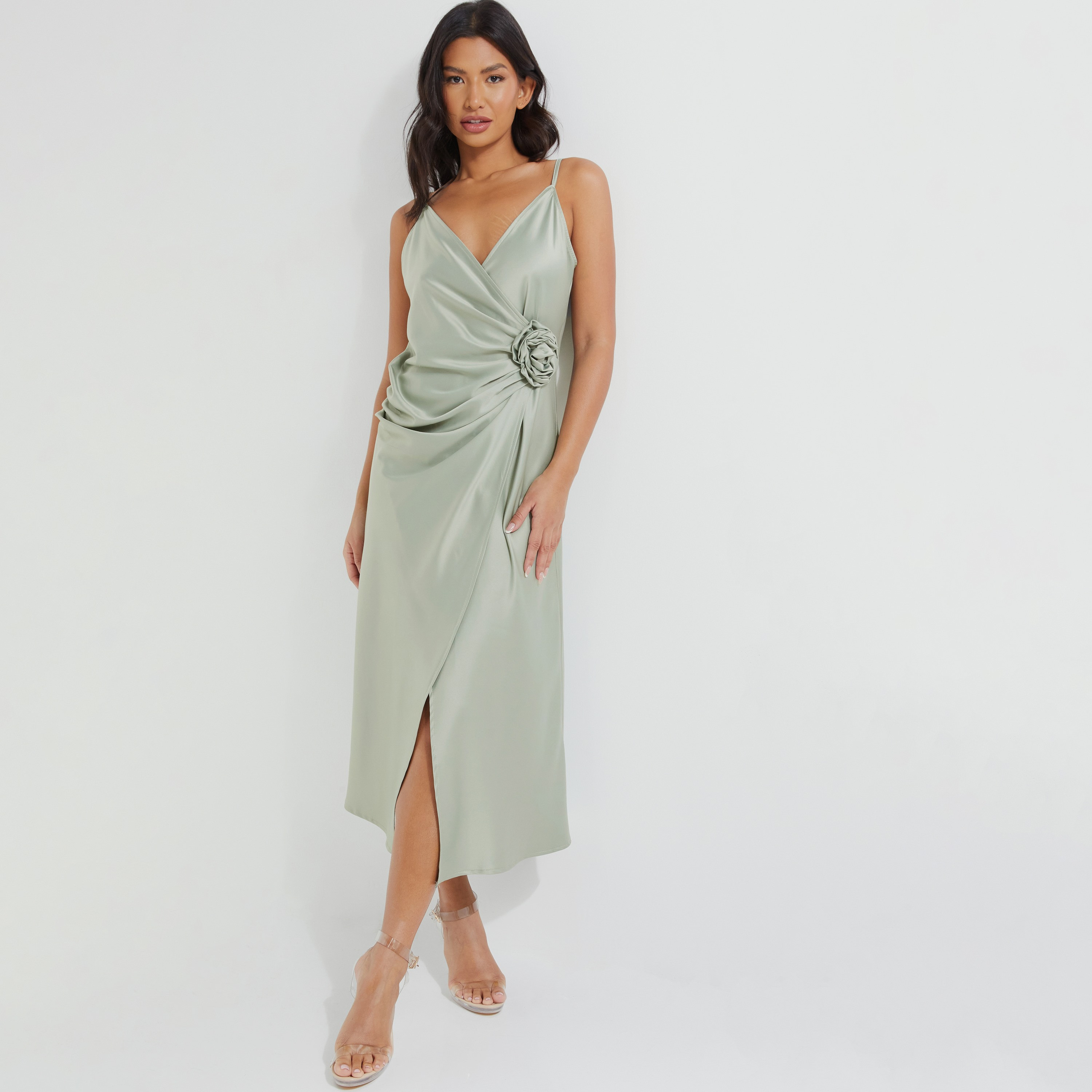 Quiz Satin Plain Shoulder Straps Wrap Midi Dress-women-clothing-dresses-image-1