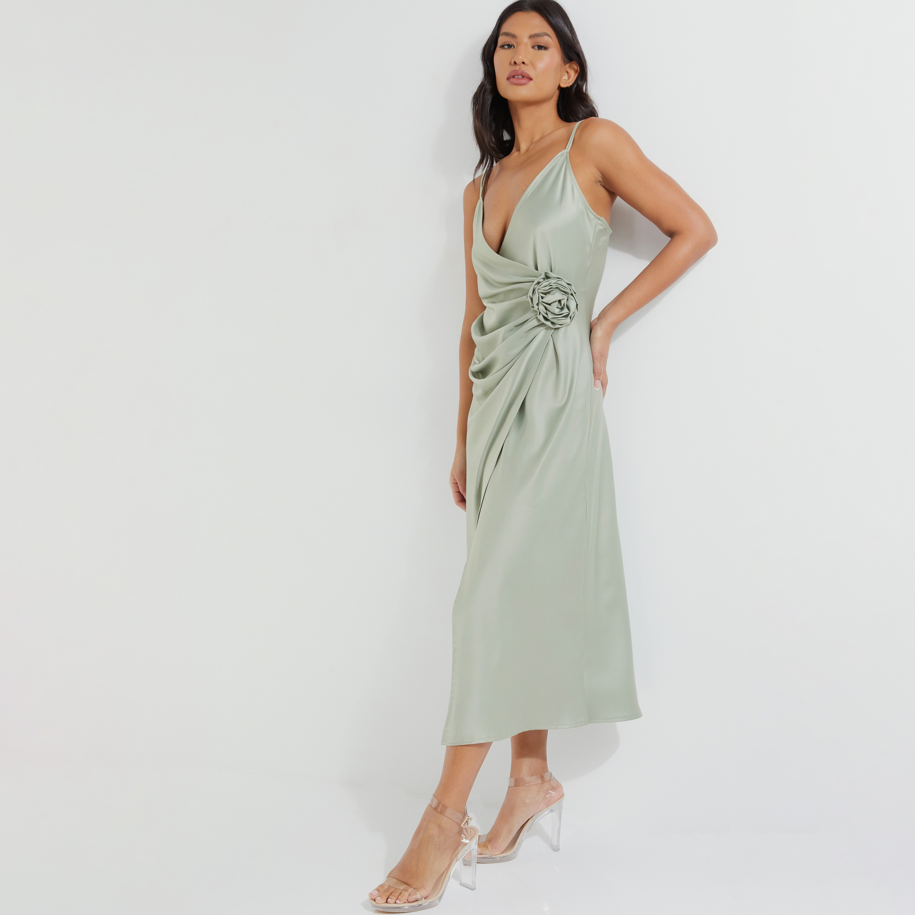 Quiz Satin Plain Shoulder Straps Wrap Midi Dress-women-clothing-dresses-image-2