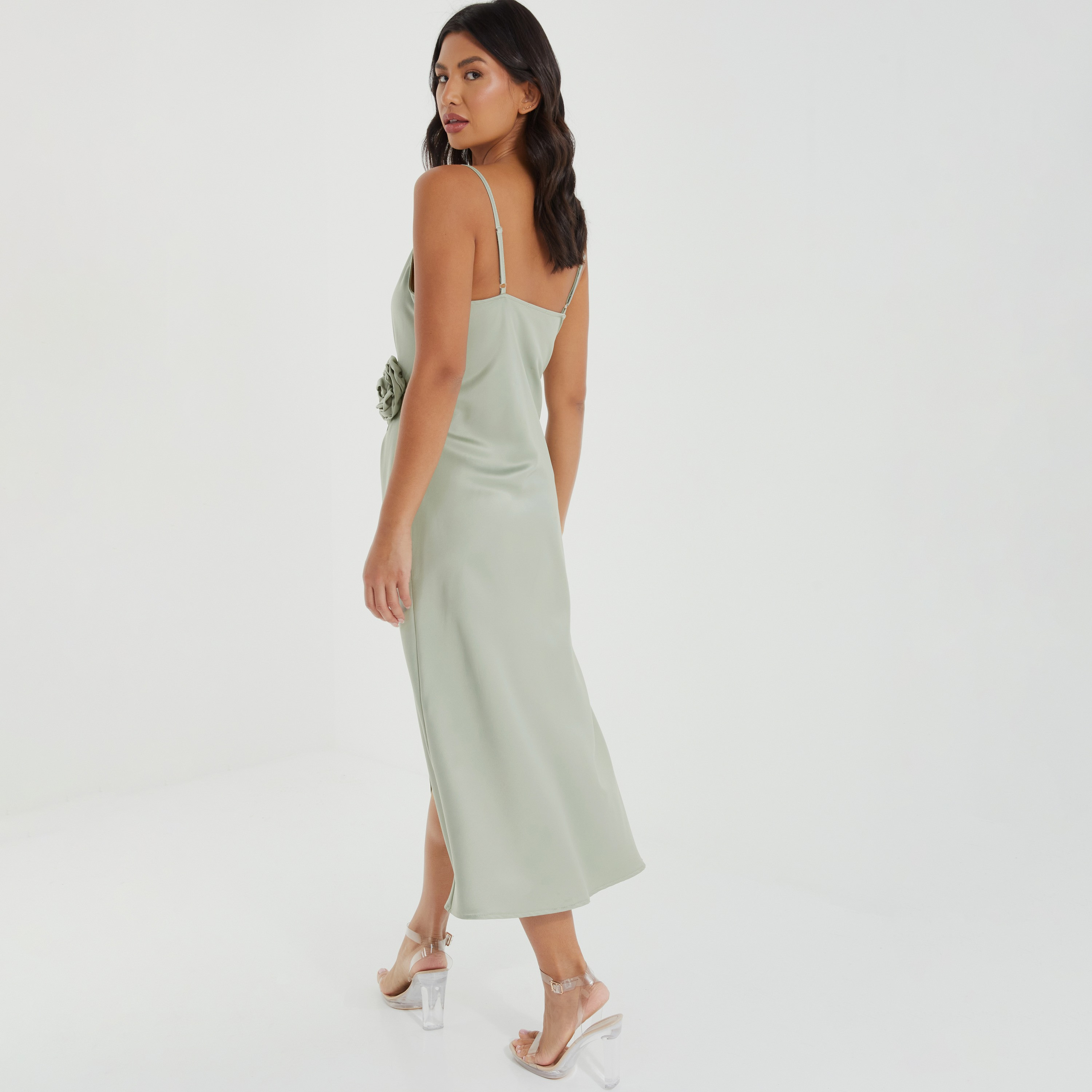 Quiz Satin Plain Shoulder Straps Wrap Midi Dress-women-clothing-dresses-image-3