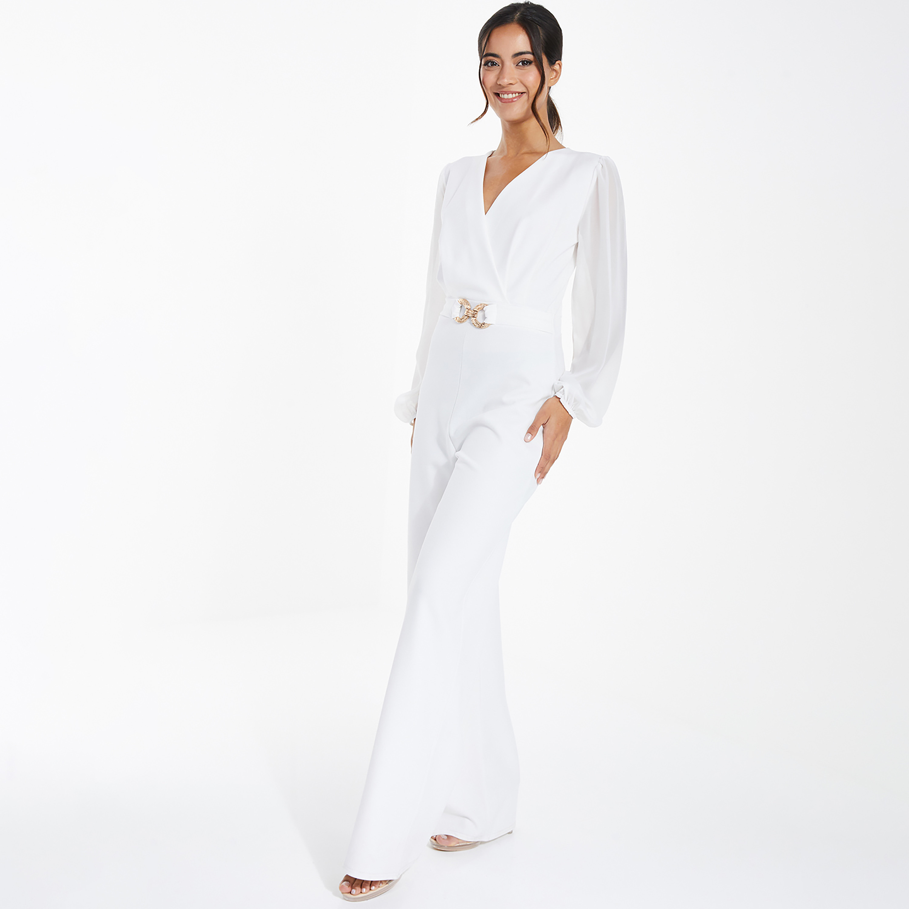 جمبسوت ملتوي بياقة على شكل وى مع مزين سادة من كويز-women-clothing-jumpsuits-image-2