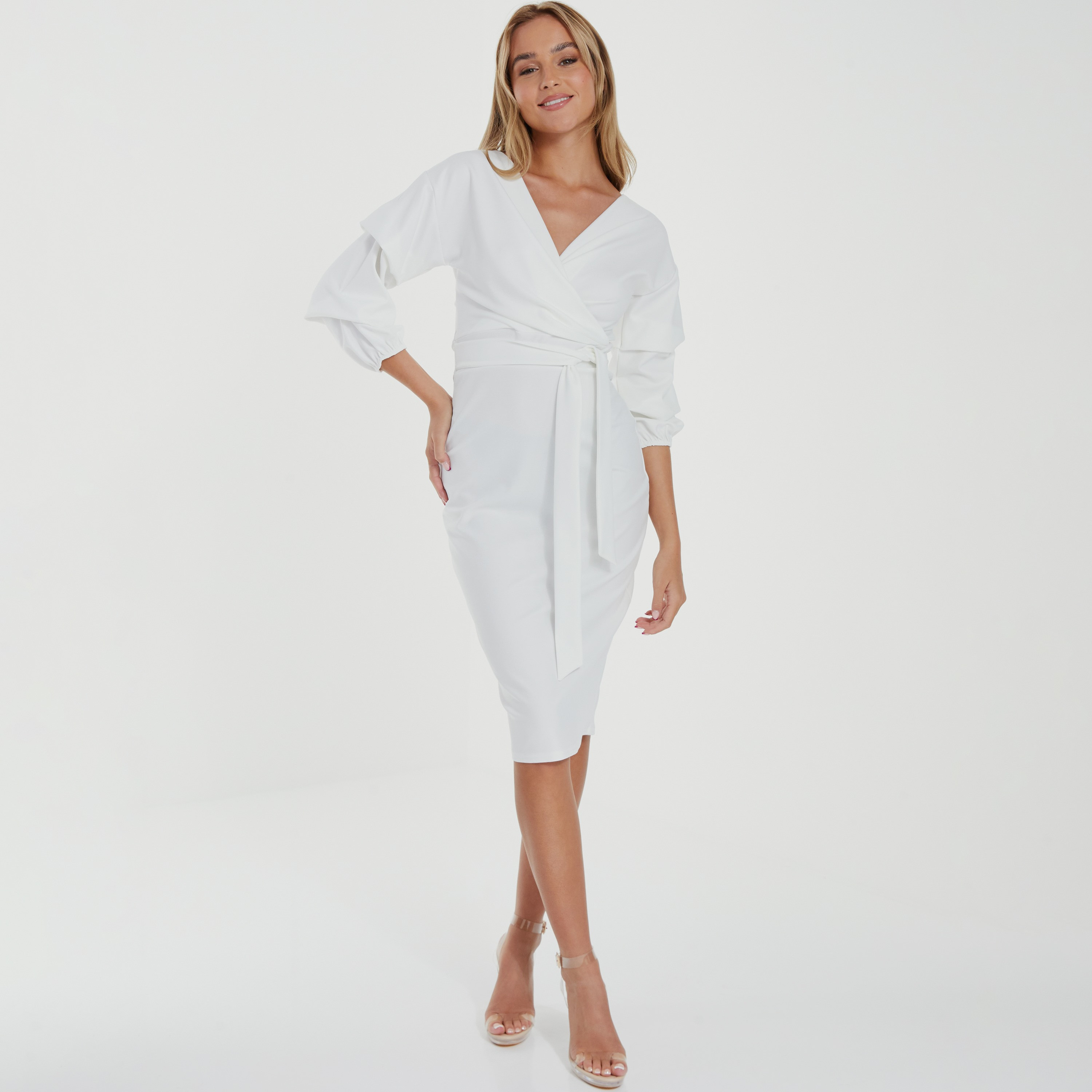 فستان متوسط الطول ملفوف برقبة علي شكل V سادة من قويز-women-clothing-dresses-image-1