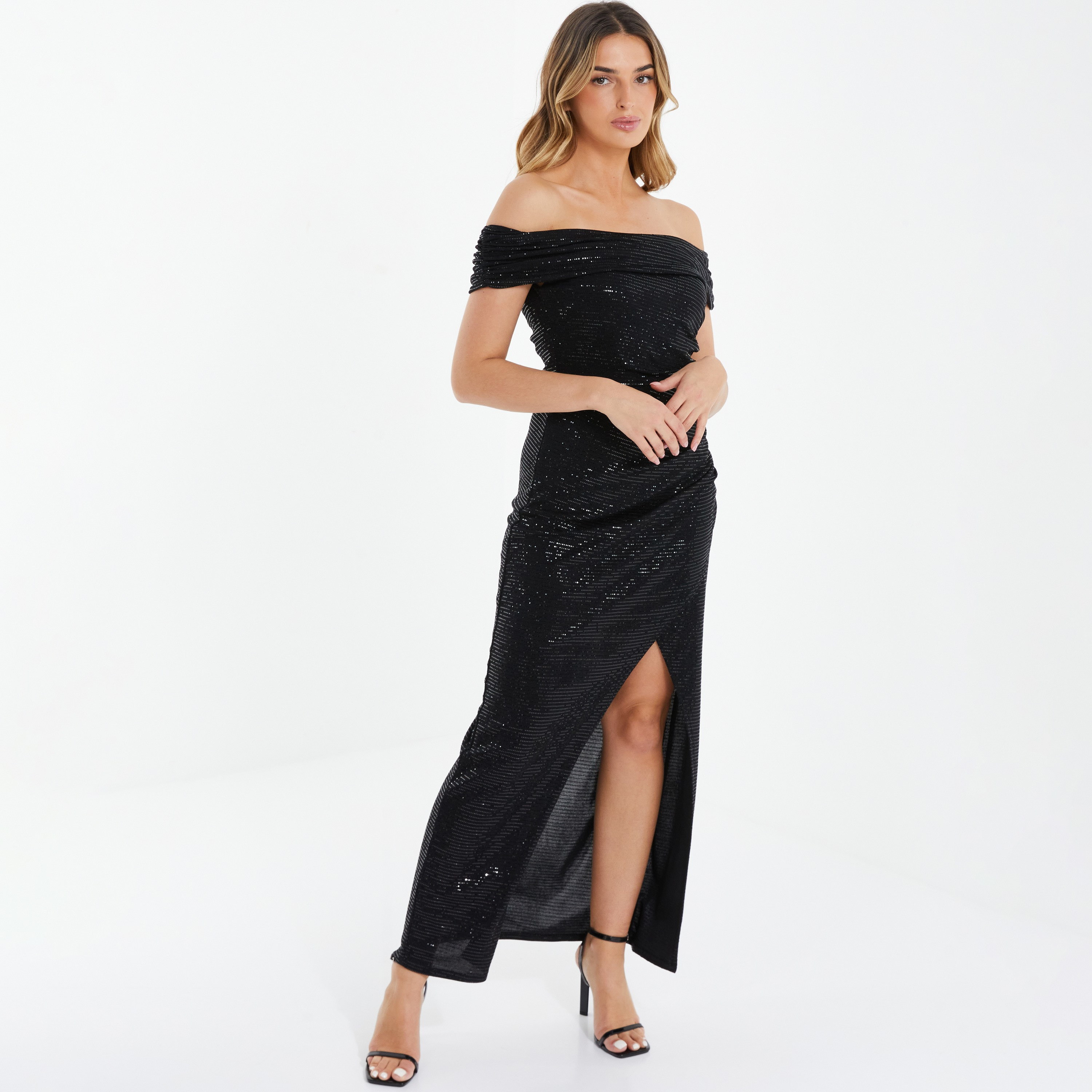 Quiz Sequins Bardot Neck Slit Maxi Dress-women-clothing-dresses-image-2