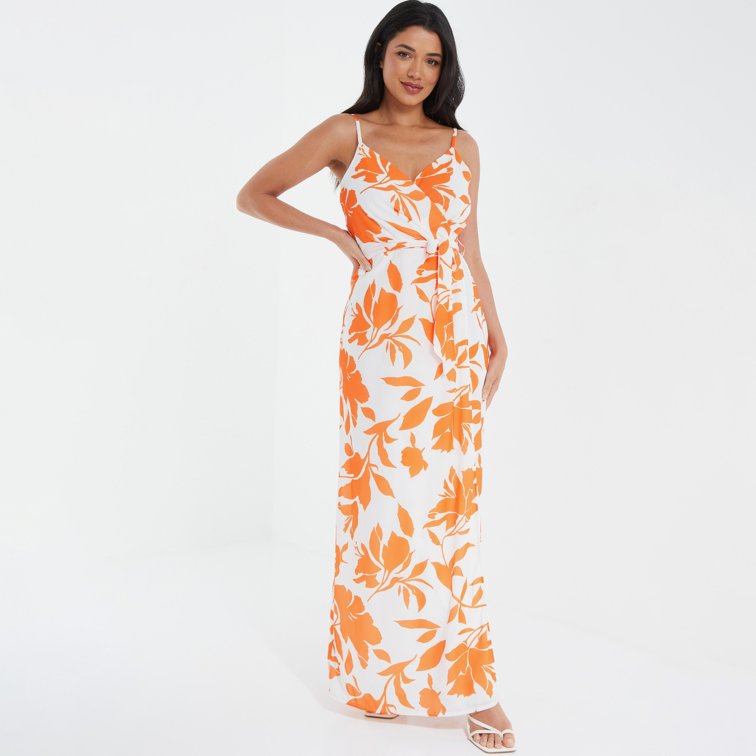 فستان ماكسي ملفوف حمالات الكتف ومطبوع بالطباعة الاستوائية مع تفاصيل رباط من كويز-women-clothing-dresses-image-1