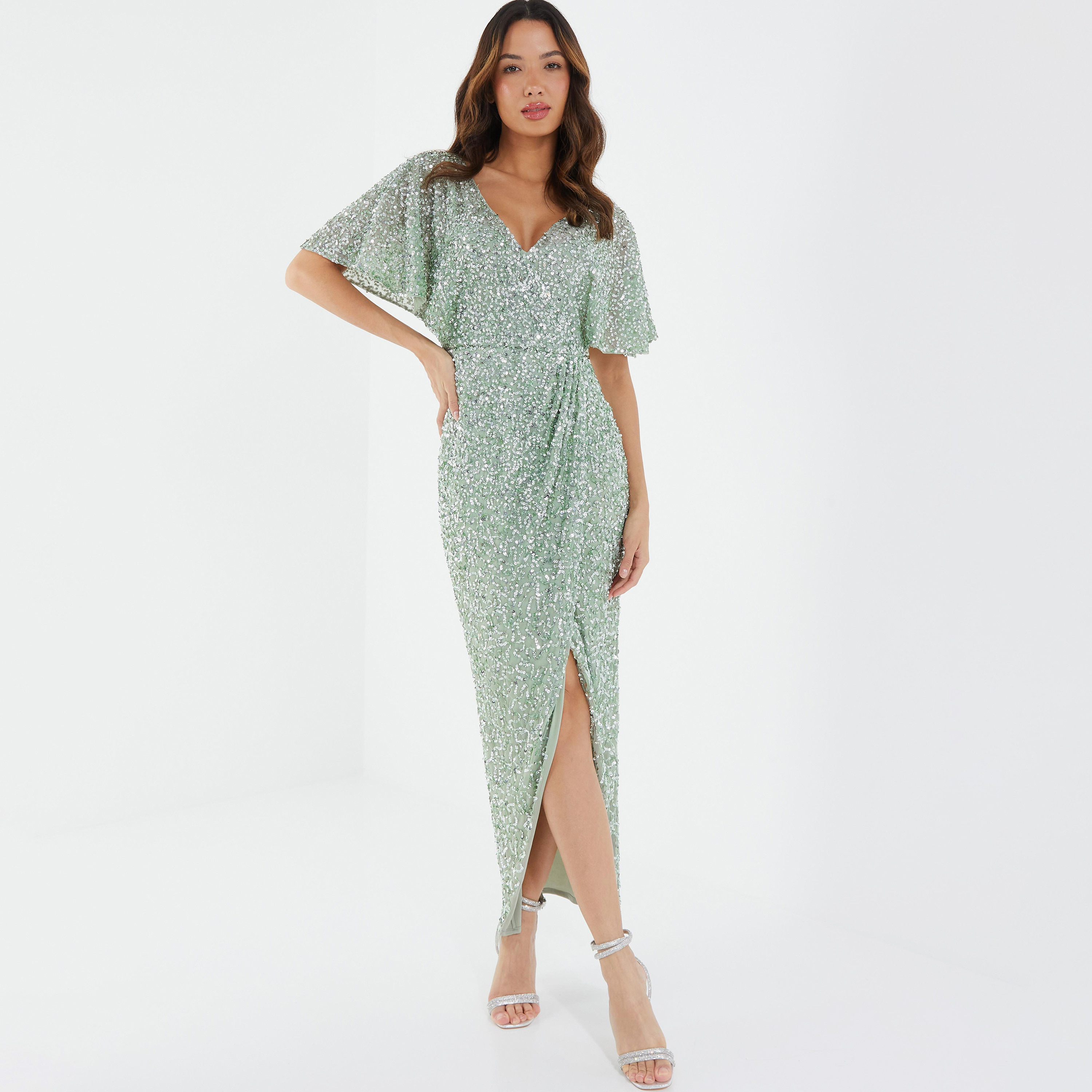 فستان متوسط الطول ملفوف مزين برقبة على شكل حرف V من كويز-women-clothing-dresses-image-1