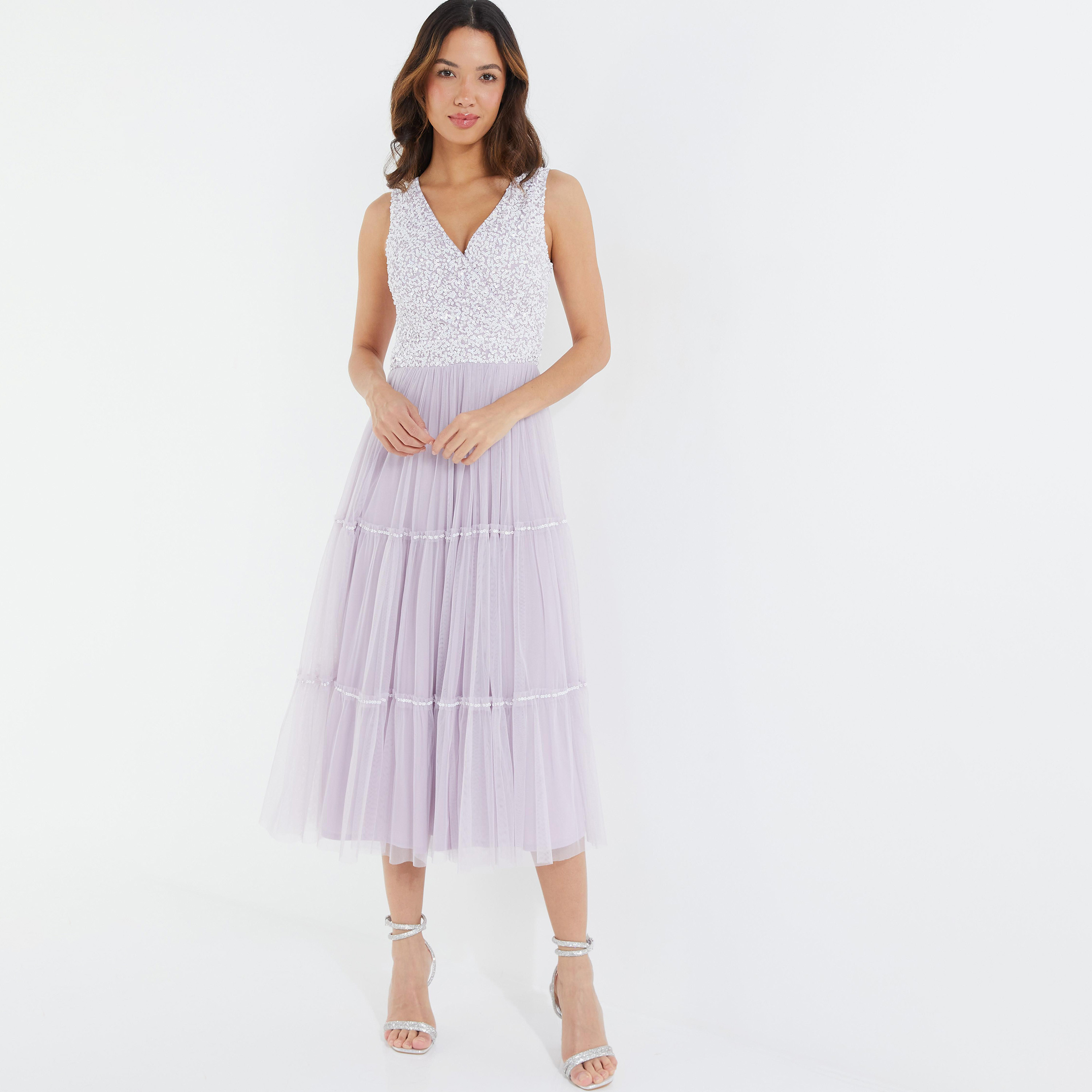 فستان متوسط الطول مزين برقبة على شكل حرف V من كويز مع سحاب خلفي للإغلاق-women-clothing-dresses-image-1