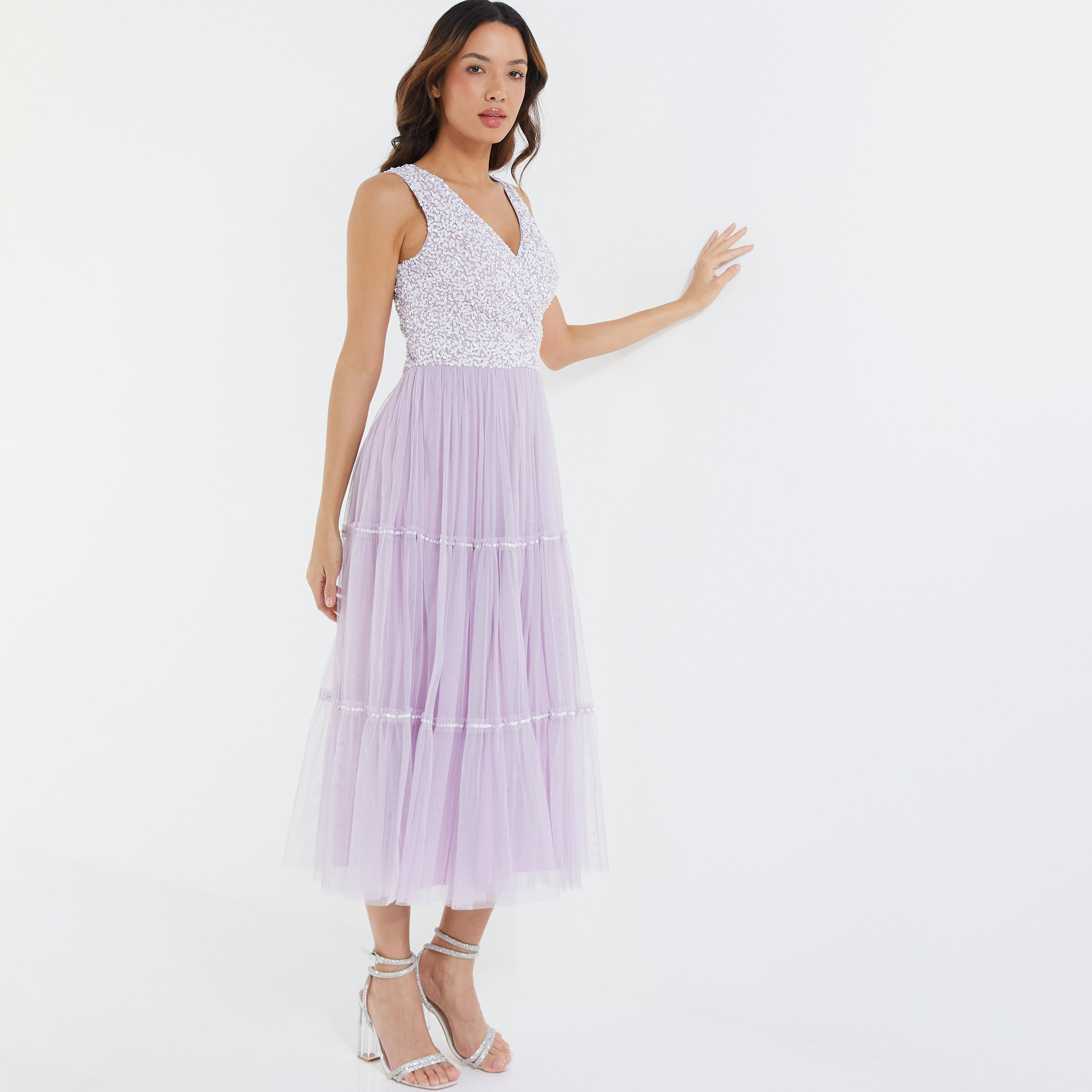 فستان متوسط الطول مزين برقبة على شكل حرف V من كويز مع سحاب خلفي للإغلاق-women-clothing-dresses-image-2