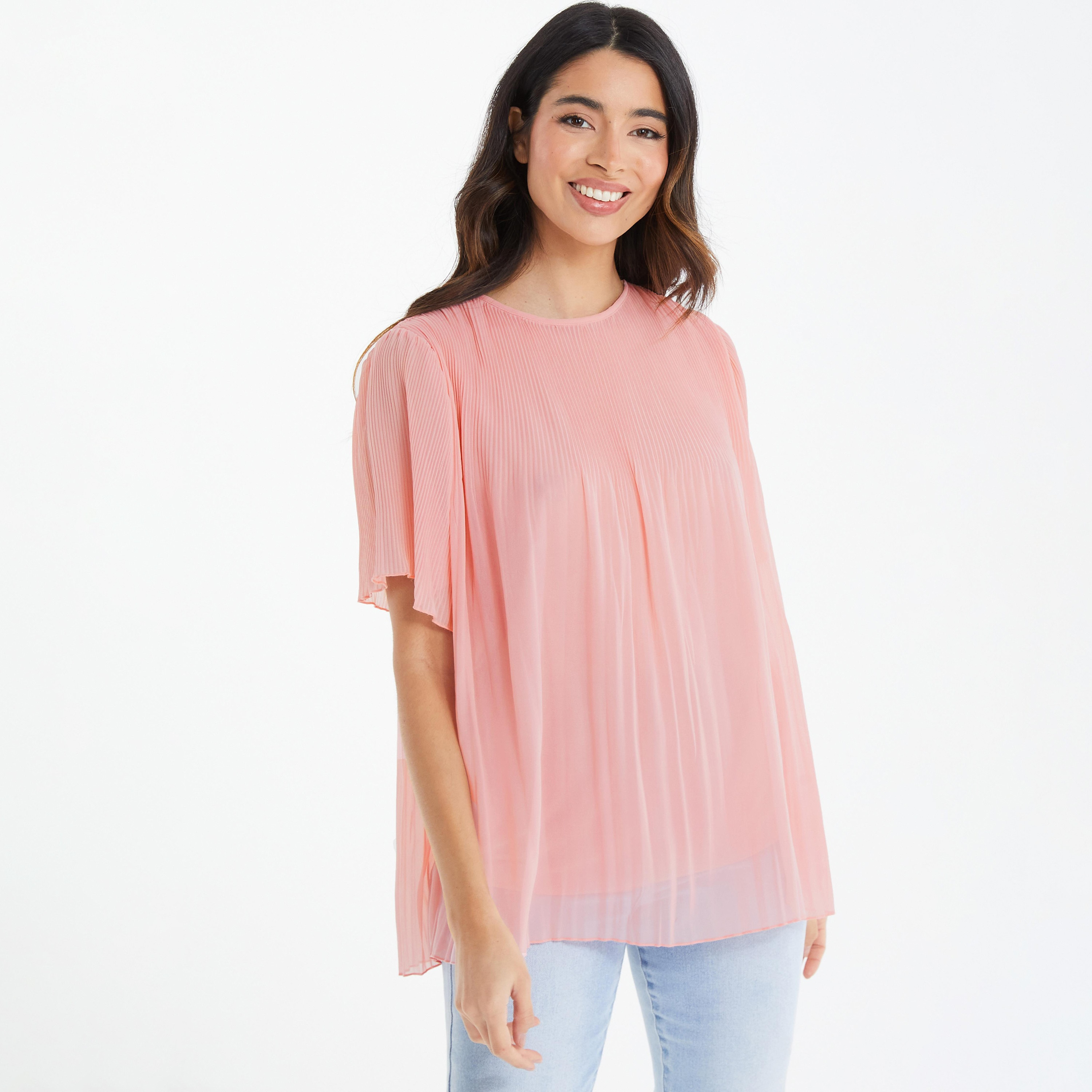 بلوزة مطوية ذات أكمام منسدلة ورقبة دائرية مع زر للإغلاق في الخلف من كويز-women-clothing-shirtsandblouses-blouses-image-1