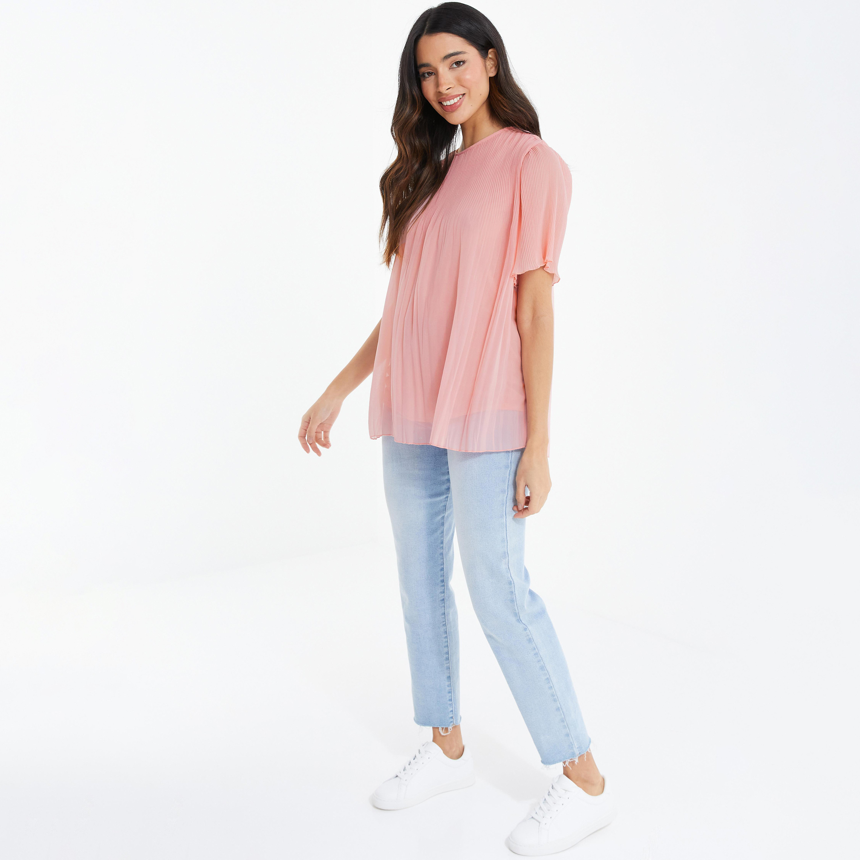 بلوزة مطوية ذات أكمام منسدلة ورقبة دائرية مع زر للإغلاق في الخلف من كويز-women-clothing-shirtsandblouses-blouses-image-2