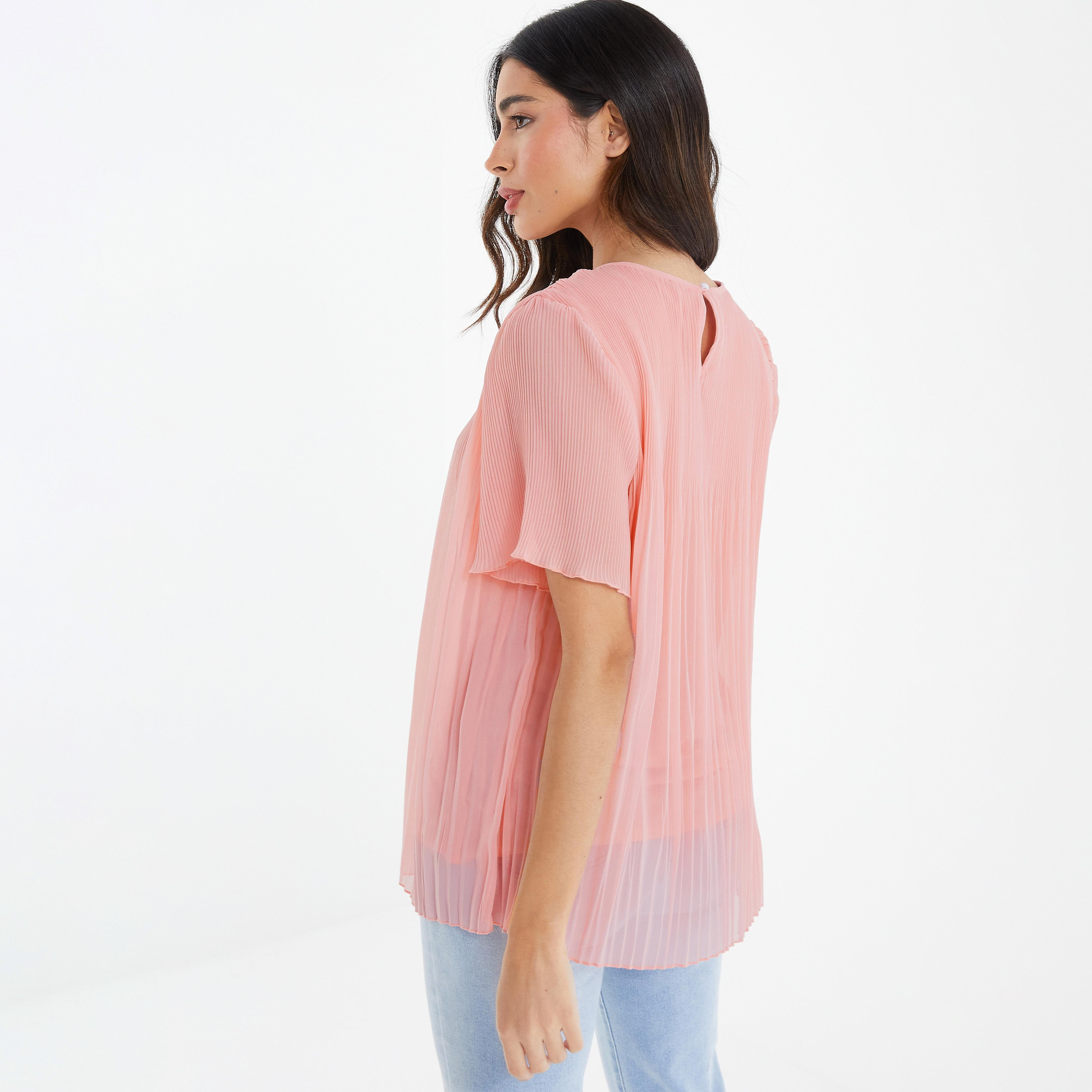 Quiz Pleated Round Neck Flute Sleeve Top with Back Button Closure-women-clothing-shirtsandblouses-blouses-image-4