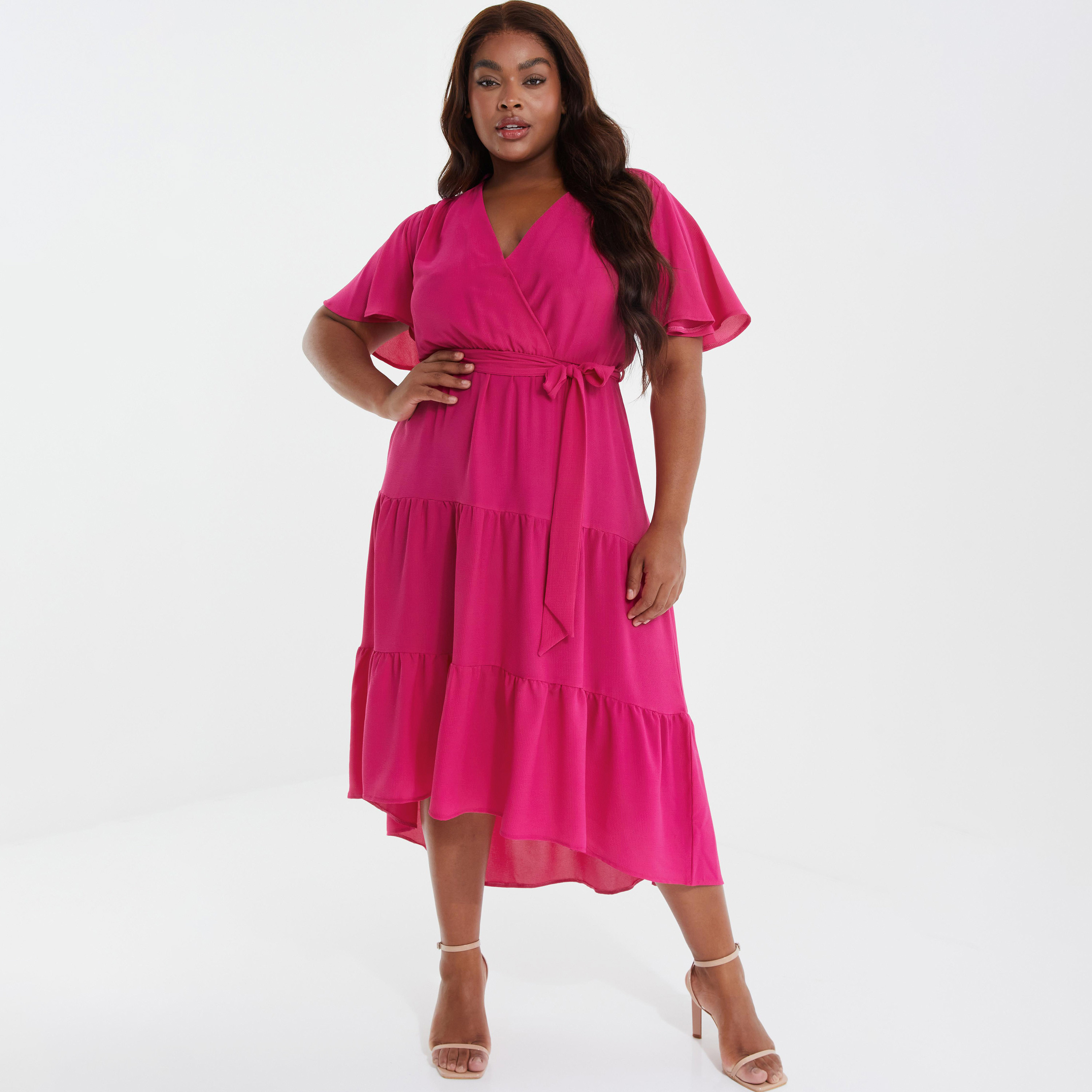 فستان متوسط الطول ملفوف بطبقات برقبة على شكل حرف V سادة مع رباط من كويز-women-clothing-dresses-image-1