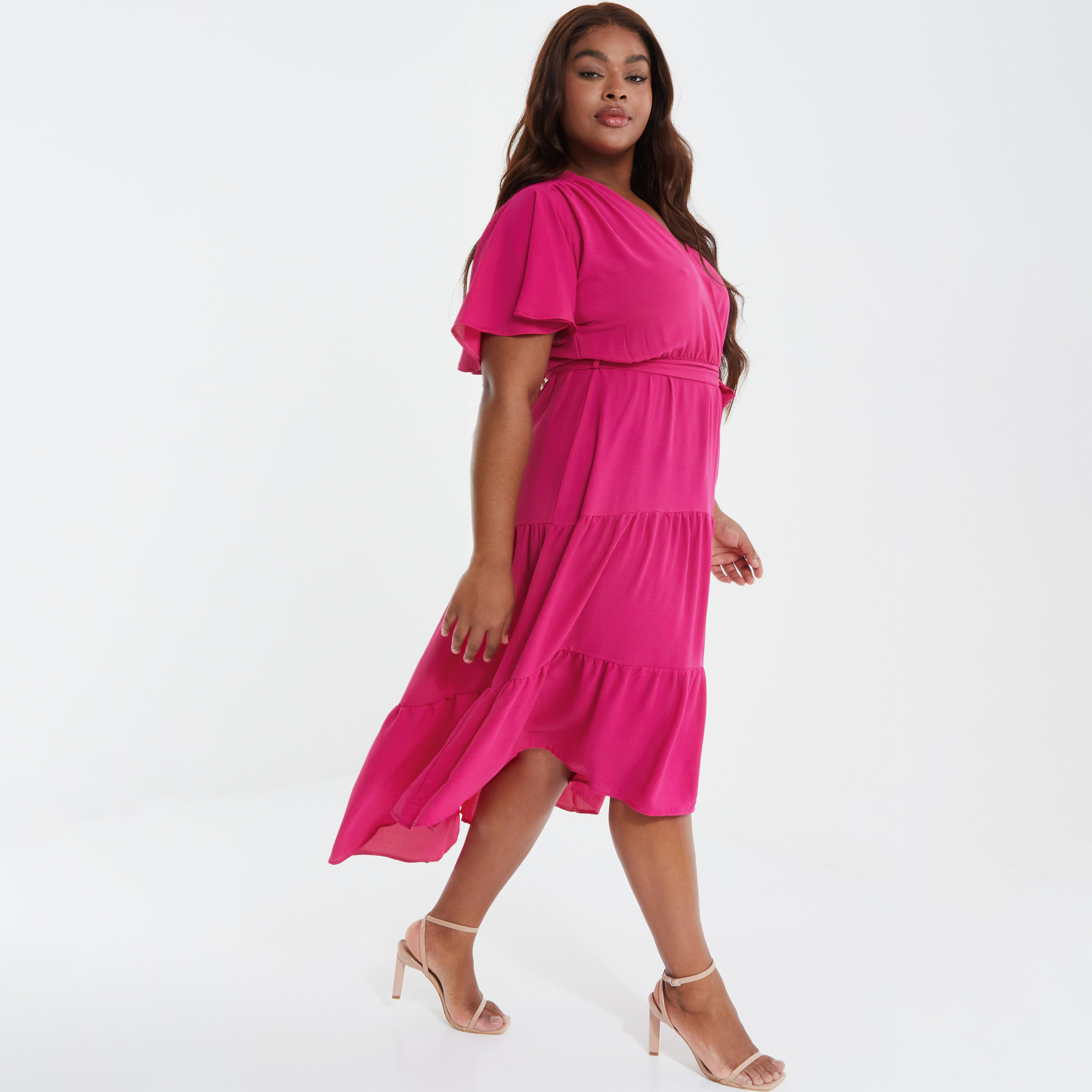 فستان متوسط الطول ملفوف بطبقات برقبة على شكل حرف V سادة مع رباط من كويز-women-clothing-dresses-image-2