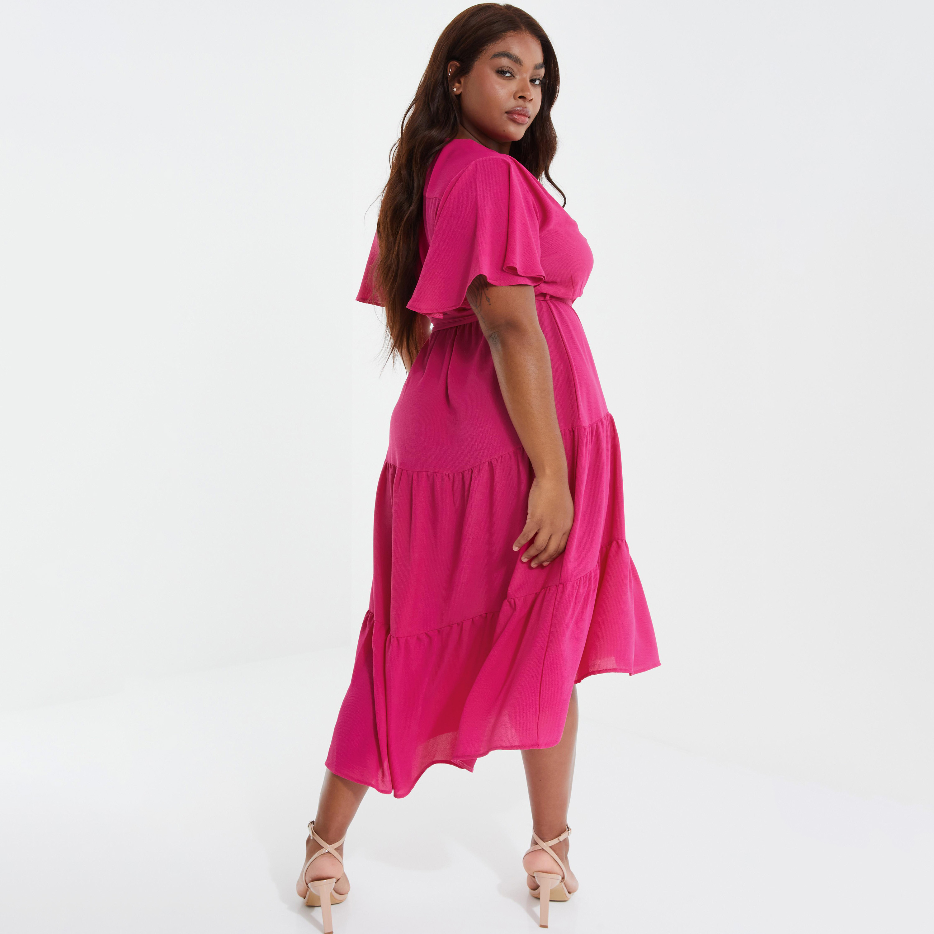 فستان متوسط الطول ملفوف بطبقات برقبة على شكل حرف V سادة مع رباط من كويز-women-clothing-dresses-image-4
