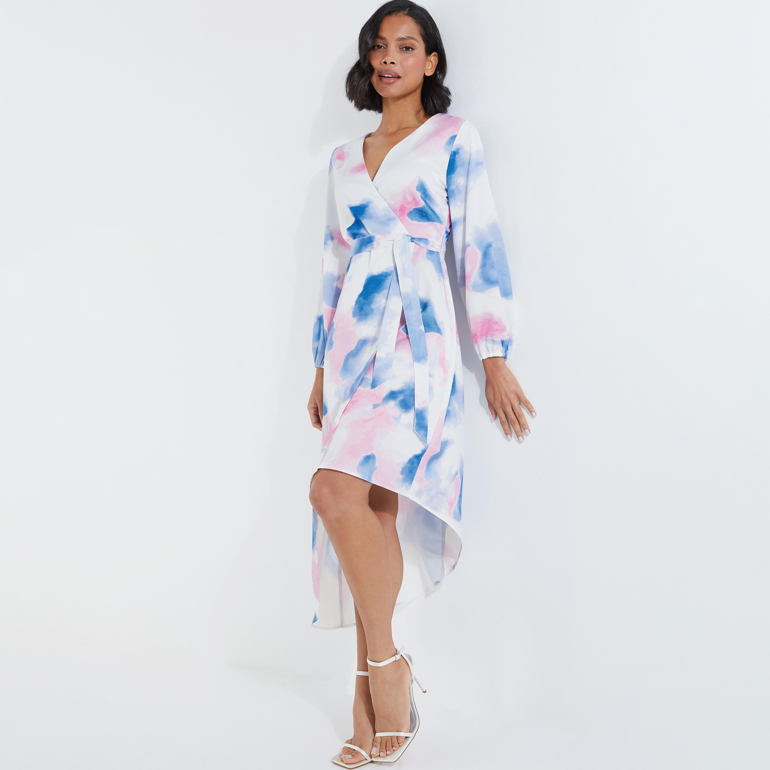 Quiz Tie & Dye V-Neck Wrap Midi Dress with Tie-Up Detail-women-clothing-dresses-image-1