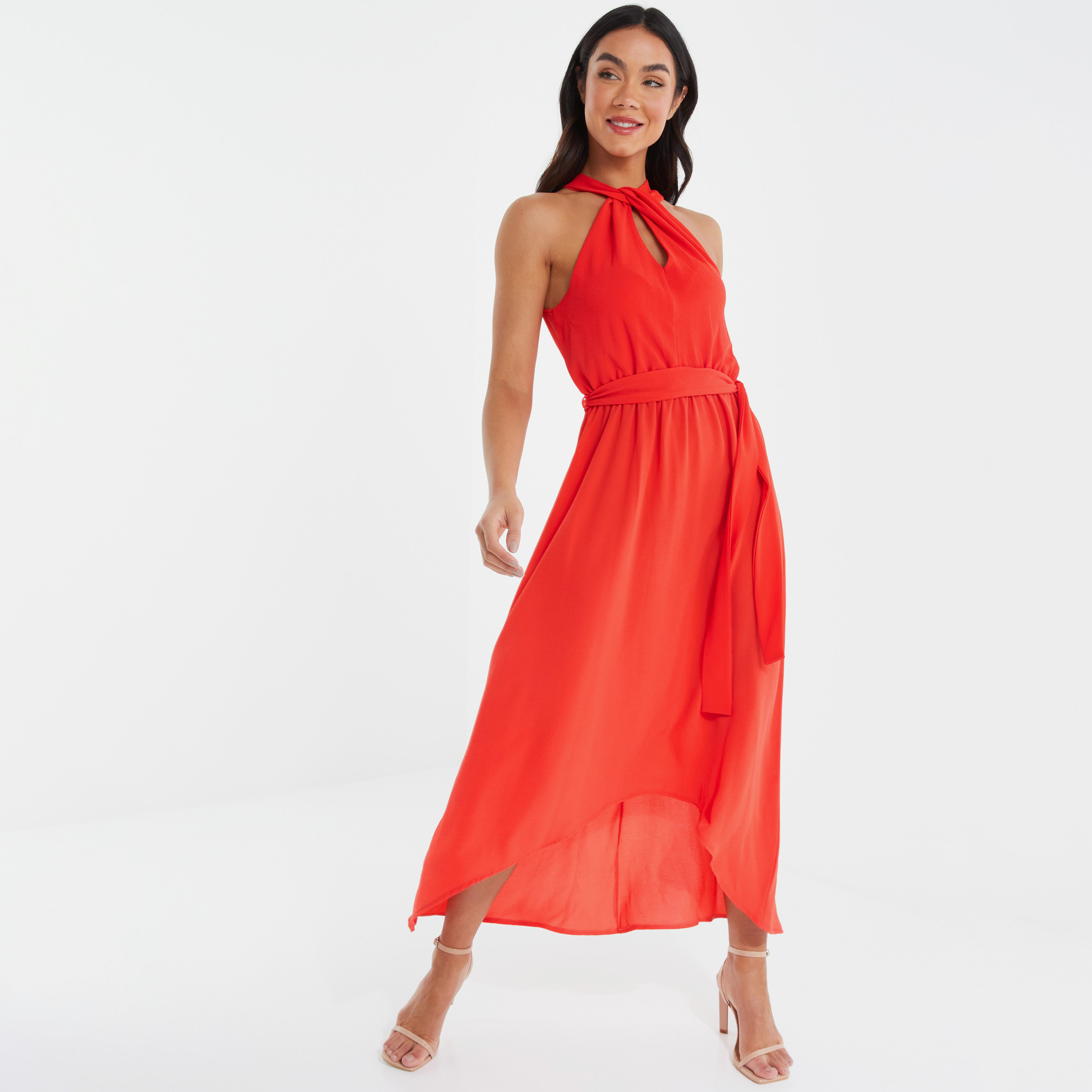 فستان متوسط الطول سادة برقبة الرسن من كويز-women-clothing-dresses-image-1