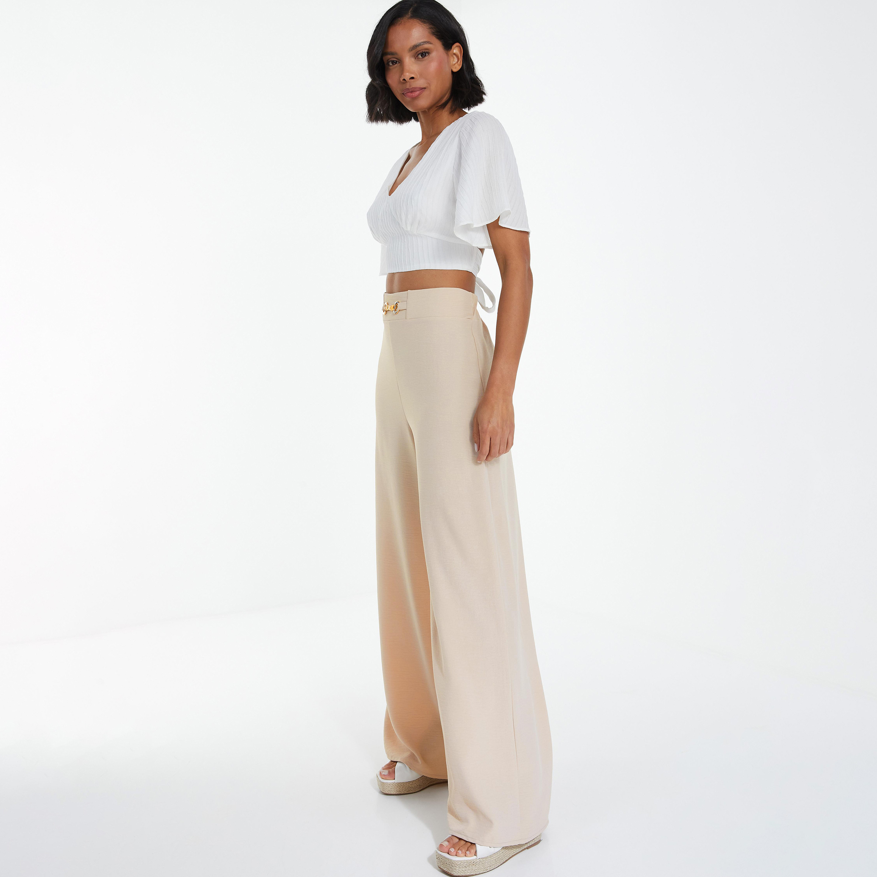 سروال بالازو سادة بخصر مرتفع ورجال واسع مع تفاصيل إبزيم من كويز-women-clothing-bottoms-trousers-image-2
