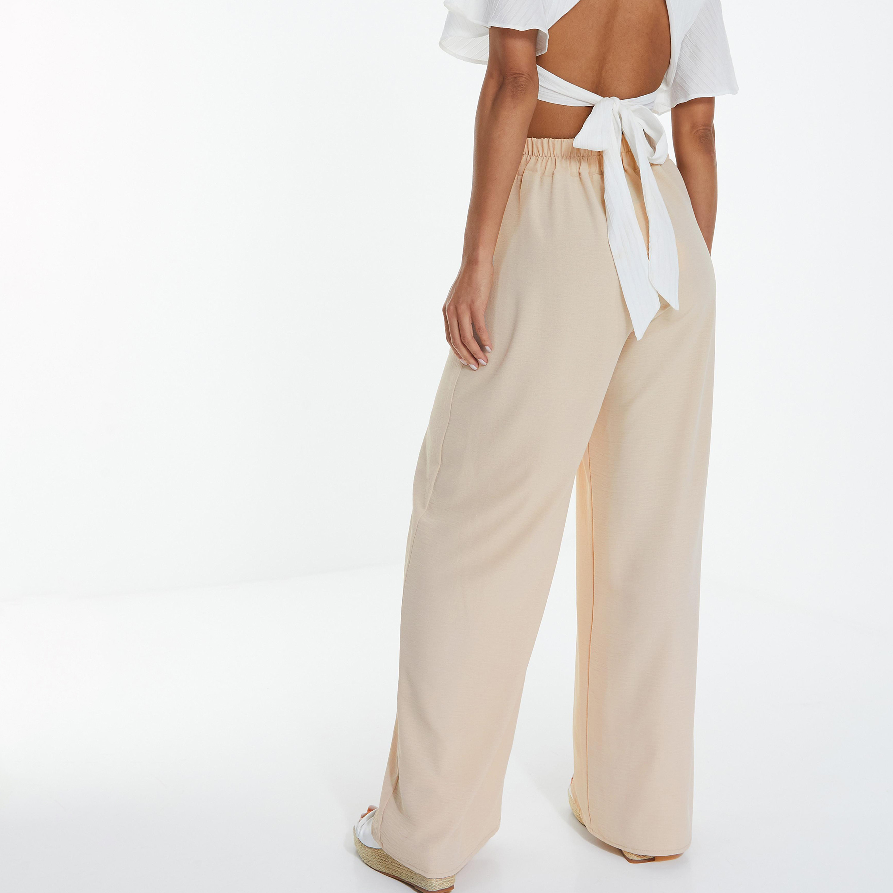 سروال بالازو سادة بخصر مرتفع ورجال واسع مع تفاصيل إبزيم من كويز-women-clothing-bottoms-trousers-image-4