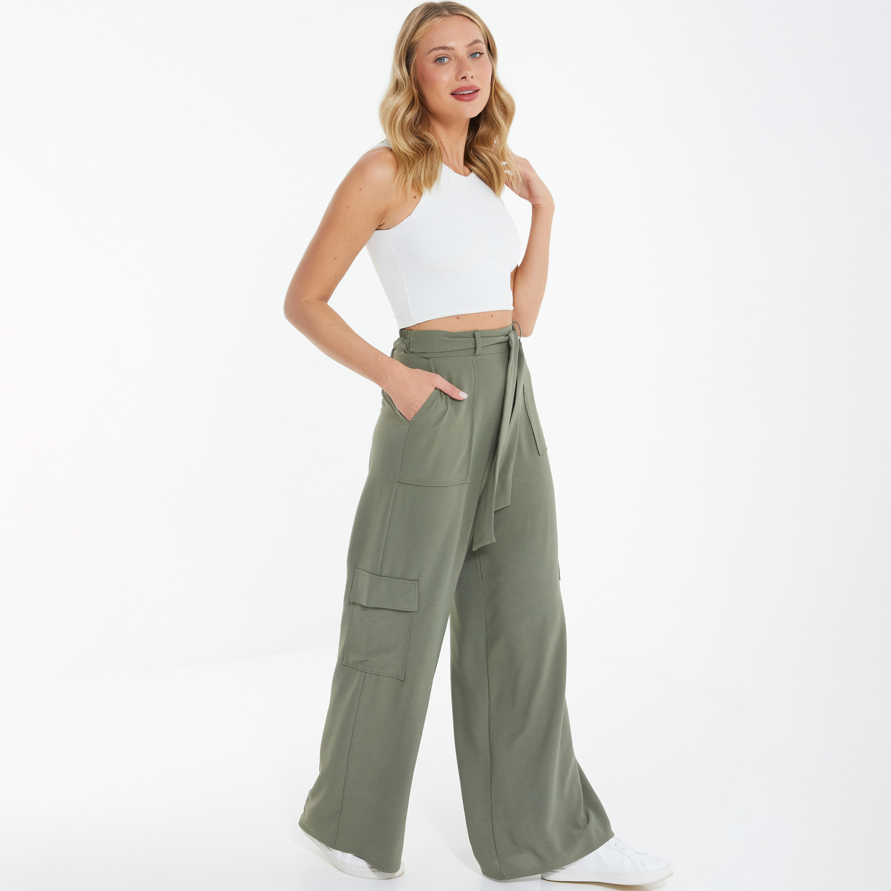 بنطال رياضي بتصميم كارجو سادة بواسع الساق وعالي الارتفاع مع رباط للإغلاق من كويز-women-clothing-bottoms-trousers-image-2