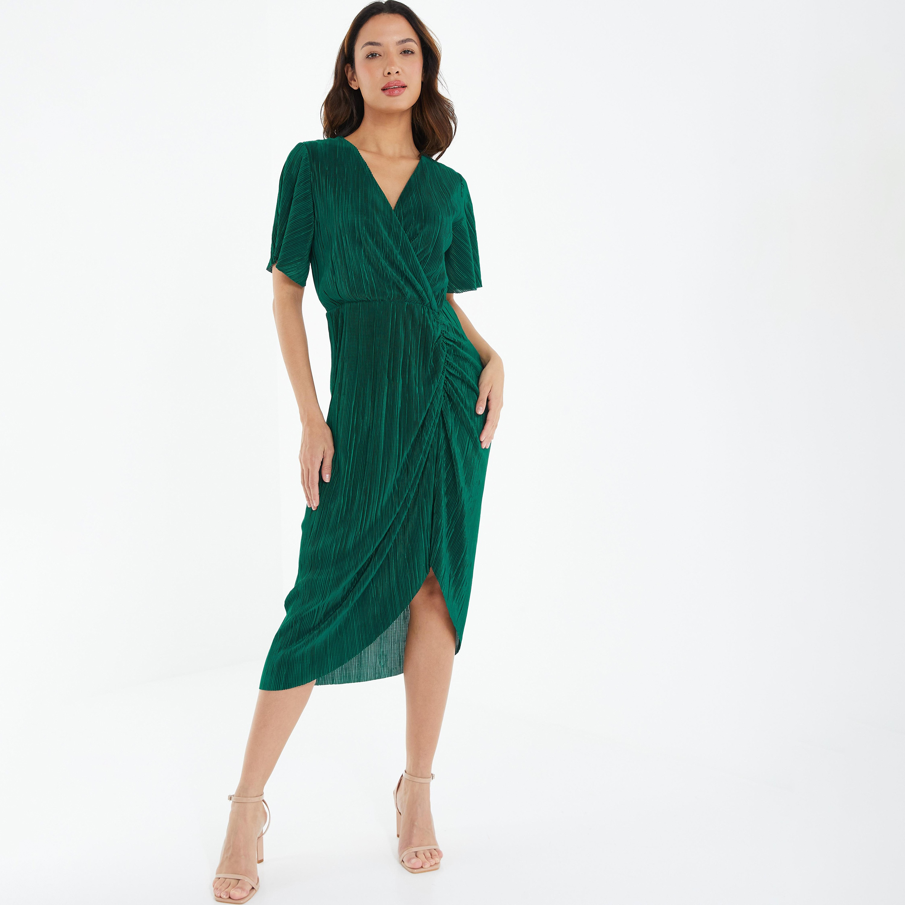 فستان ميدي ملفوف برقبة على شكل فى مع كشكش من كويز ساتان-women-clothing-dresses-image-1