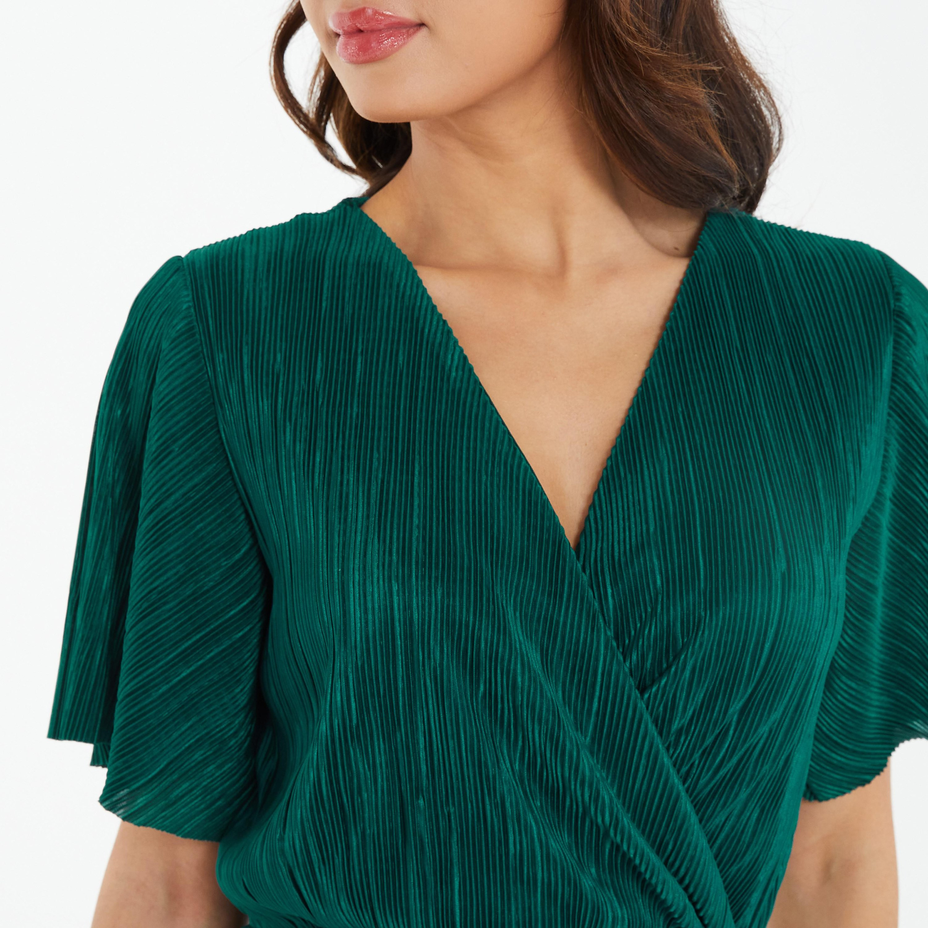 فستان ميدي ملفوف برقبة على شكل فى مع كشكش من كويز ساتان-women-clothing-dresses-image-3