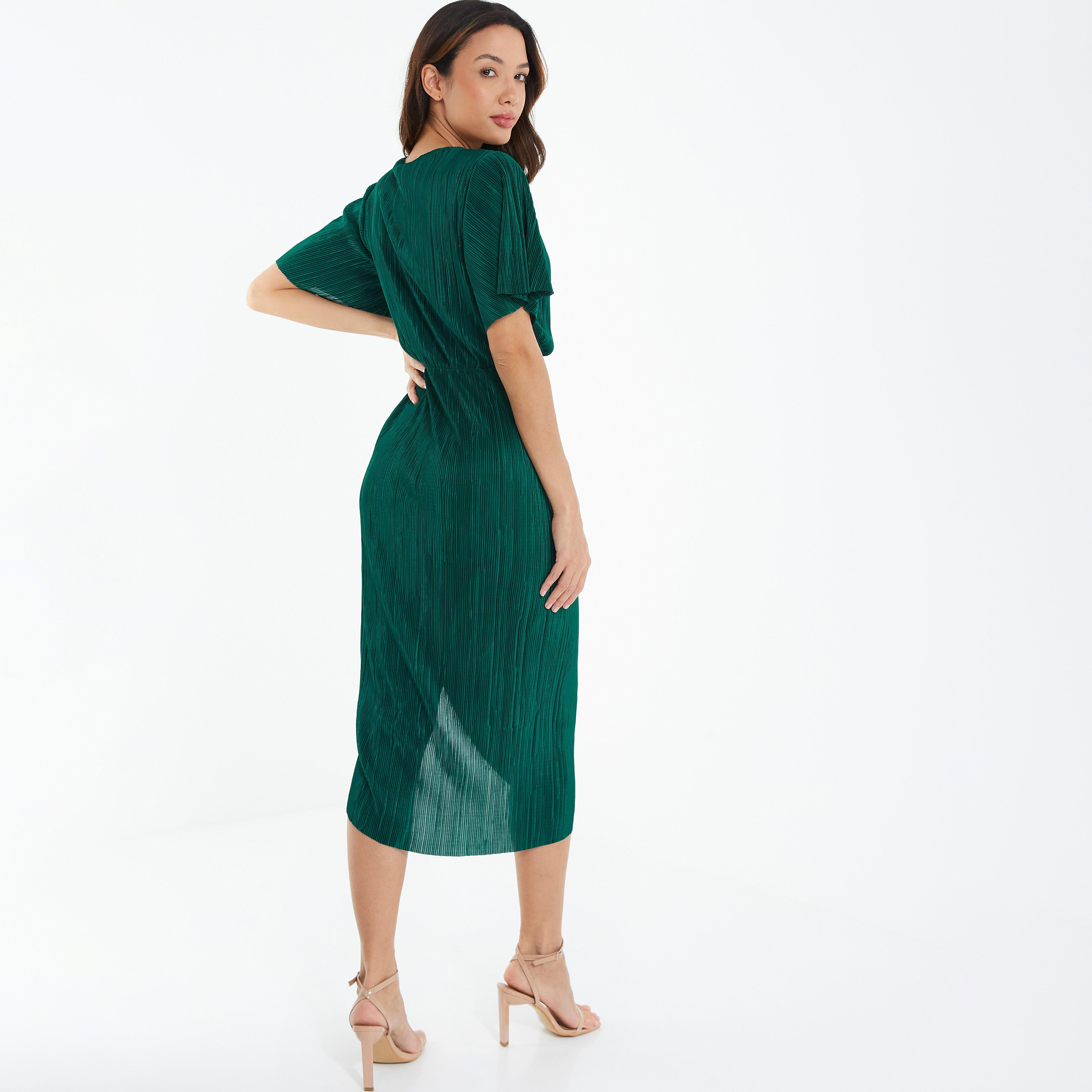 فستان ميدي ملفوف برقبة على شكل فى مع كشكش من كويز ساتان-women-clothing-dresses-image-4