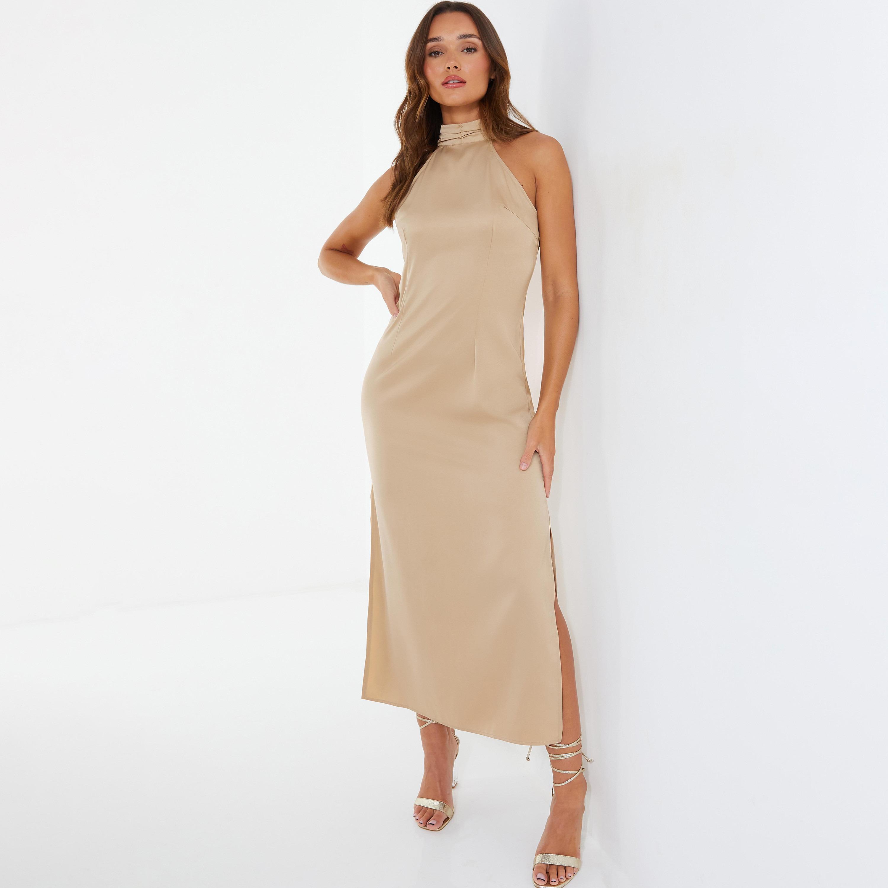 فستان ماكسي سادة بتصميم باديكان ورقبة الرسن مع فتحة جانبية تفاصيل من كويز-women-clothing-dresses-image-1
