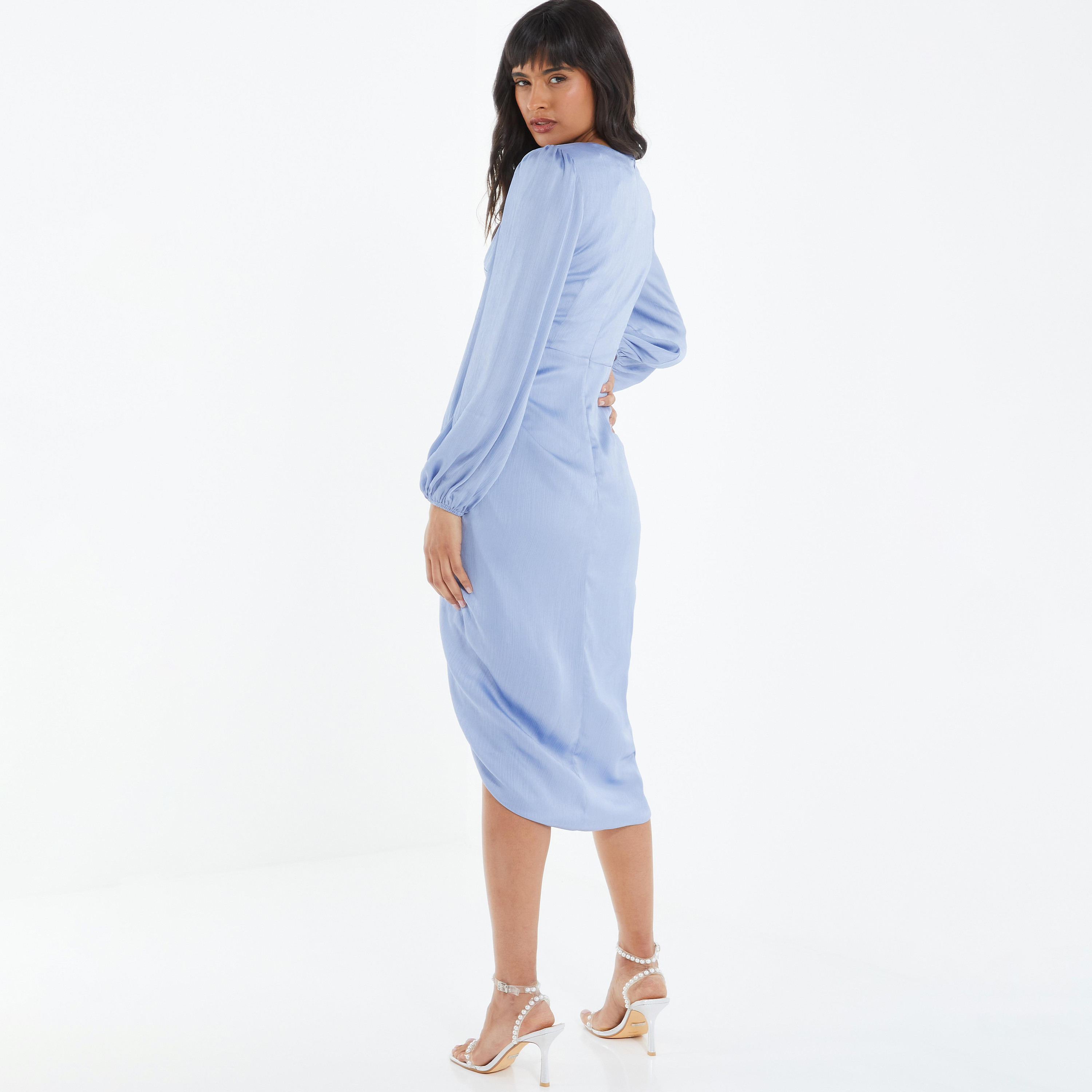 فستان ميدي بتصميم ملفوف مع مزين بفتحة عنق على شكل فى ذو مكشكش من كويز ساتان-women-clothing-dresses-image-4