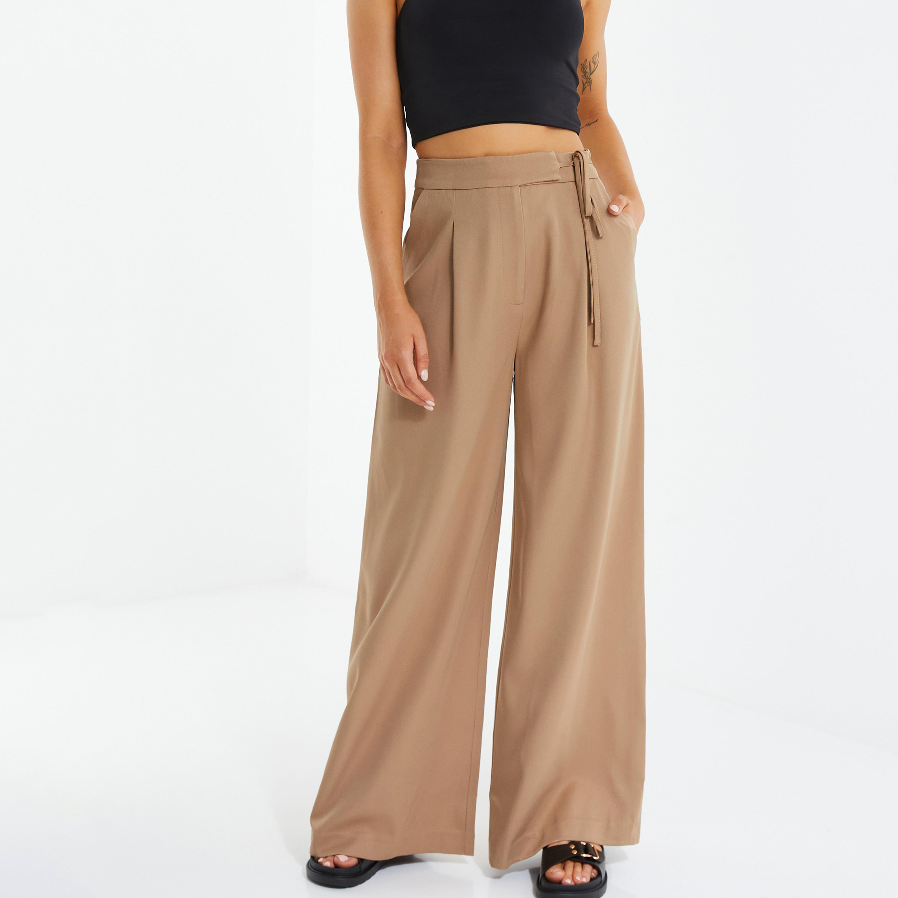 سروال رياضي سادة بخصر مرتفع ورجال واسع مع تفاصيل ربط جانبية من كويز-women-clothing-bottoms-trousers-image-1