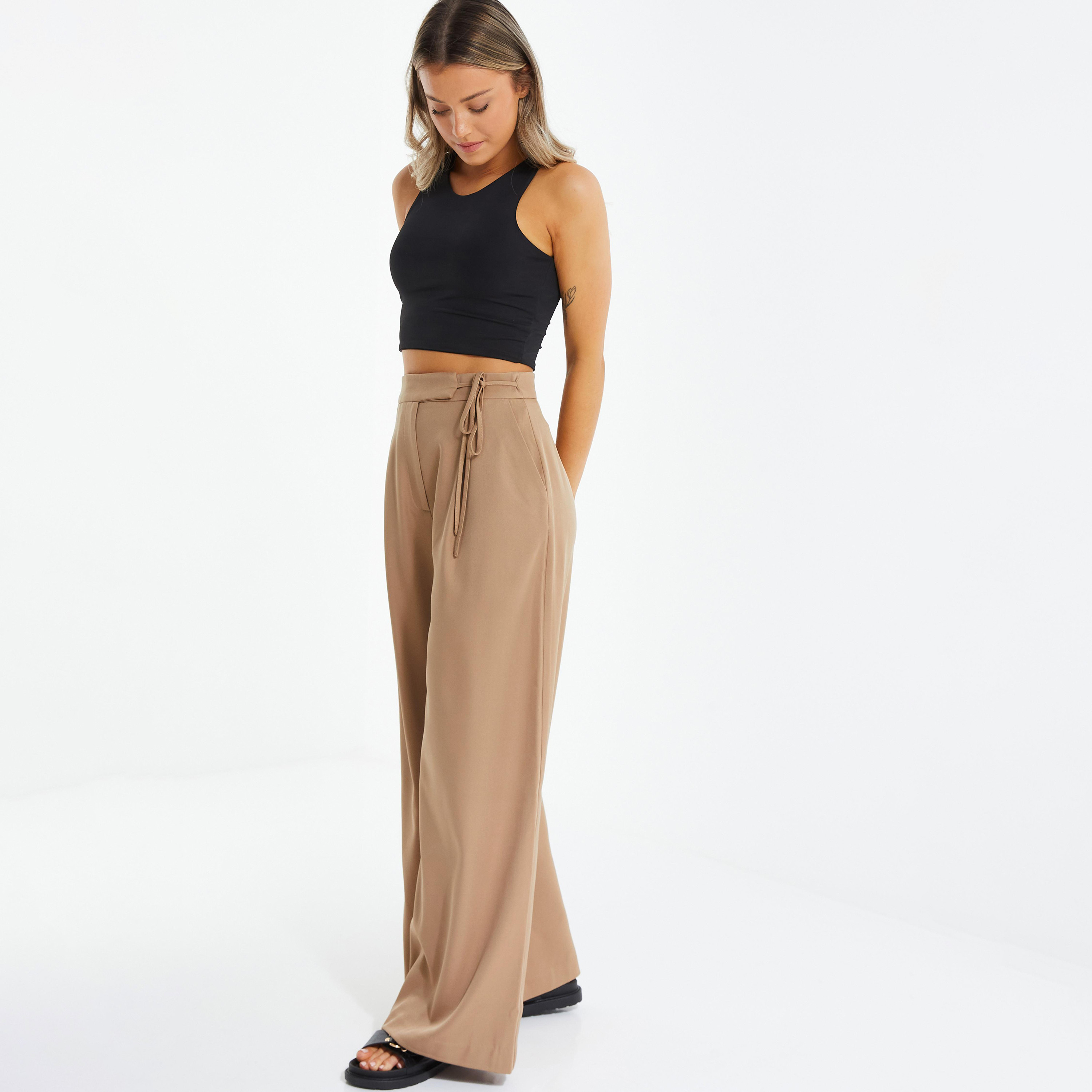 سروال رياضي سادة بخصر مرتفع ورجال واسع مع تفاصيل ربط جانبية من كويز-women-clothing-bottoms-trousers-image-2