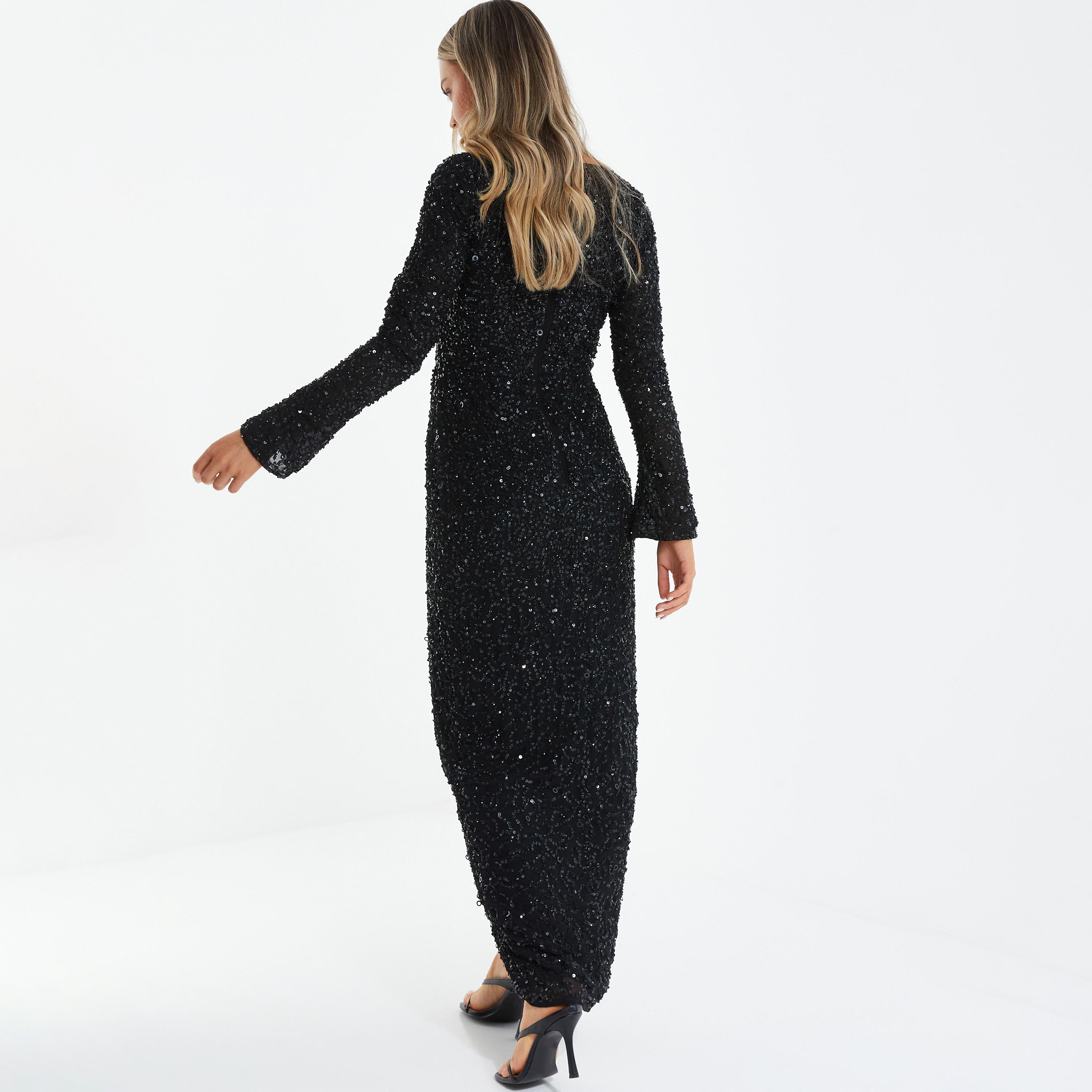 فستان ماكسي مزين بالترتر بتصميم توليب باديكان وياقة مربعة مع فتحة جانبية تفاصيل من كويز-women-clothing-dresses-image-4