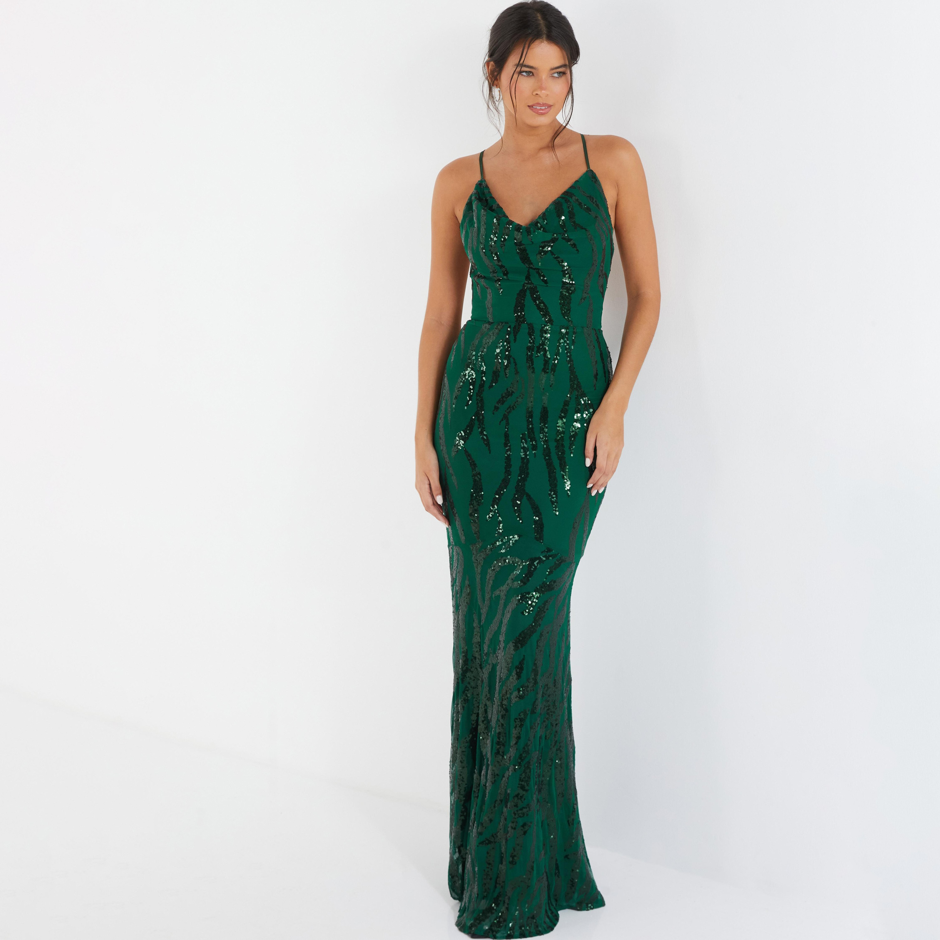 فستان ماكسي متقاطع من الخلف بتصميم باديكان مزين بالترتر وياقة متدلية من كويز-women-clothing-dresses-image-1
