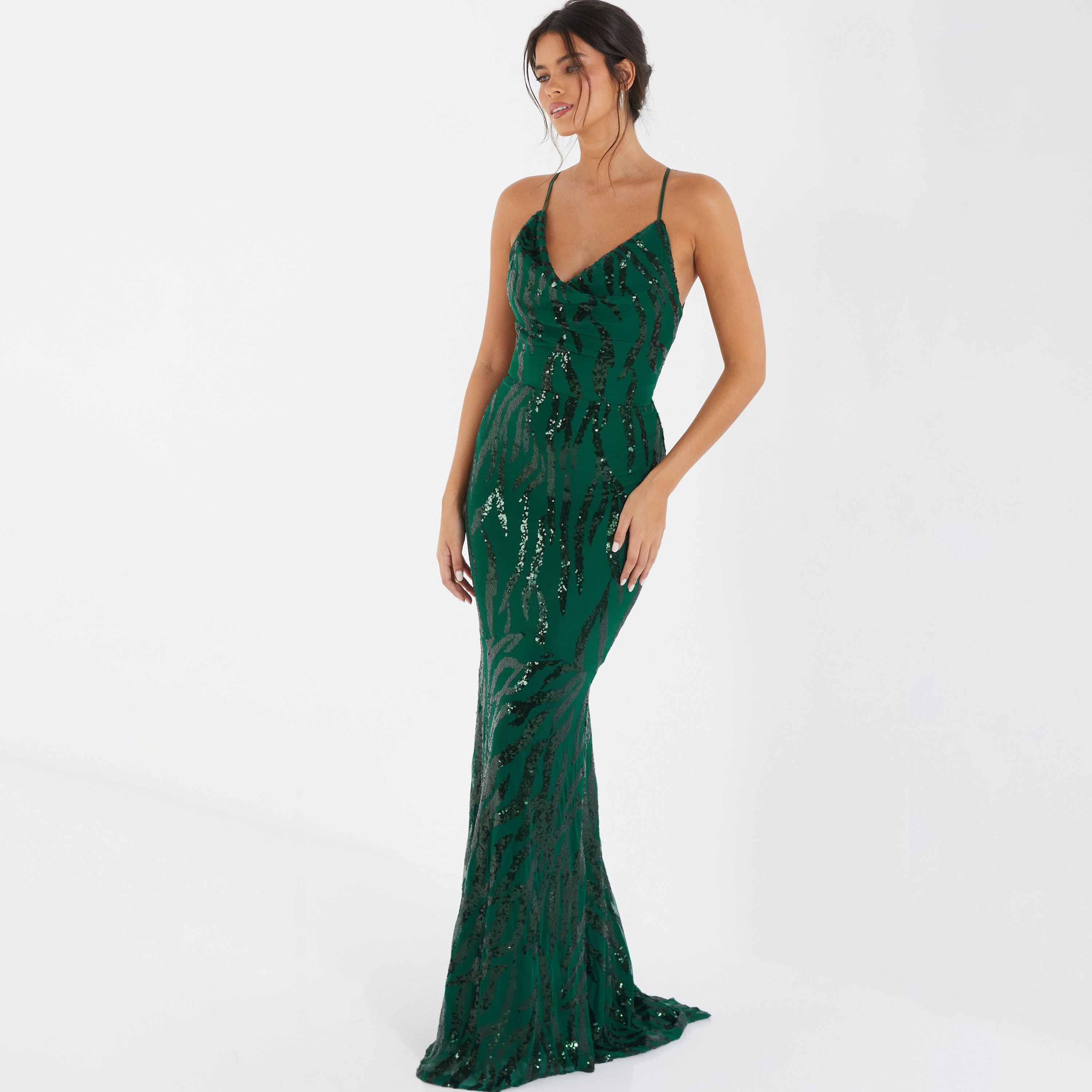 فستان ماكسي متقاطع من الخلف بتصميم باديكان مزين بالترتر وياقة متدلية من كويز-women-clothing-dresses-image-2