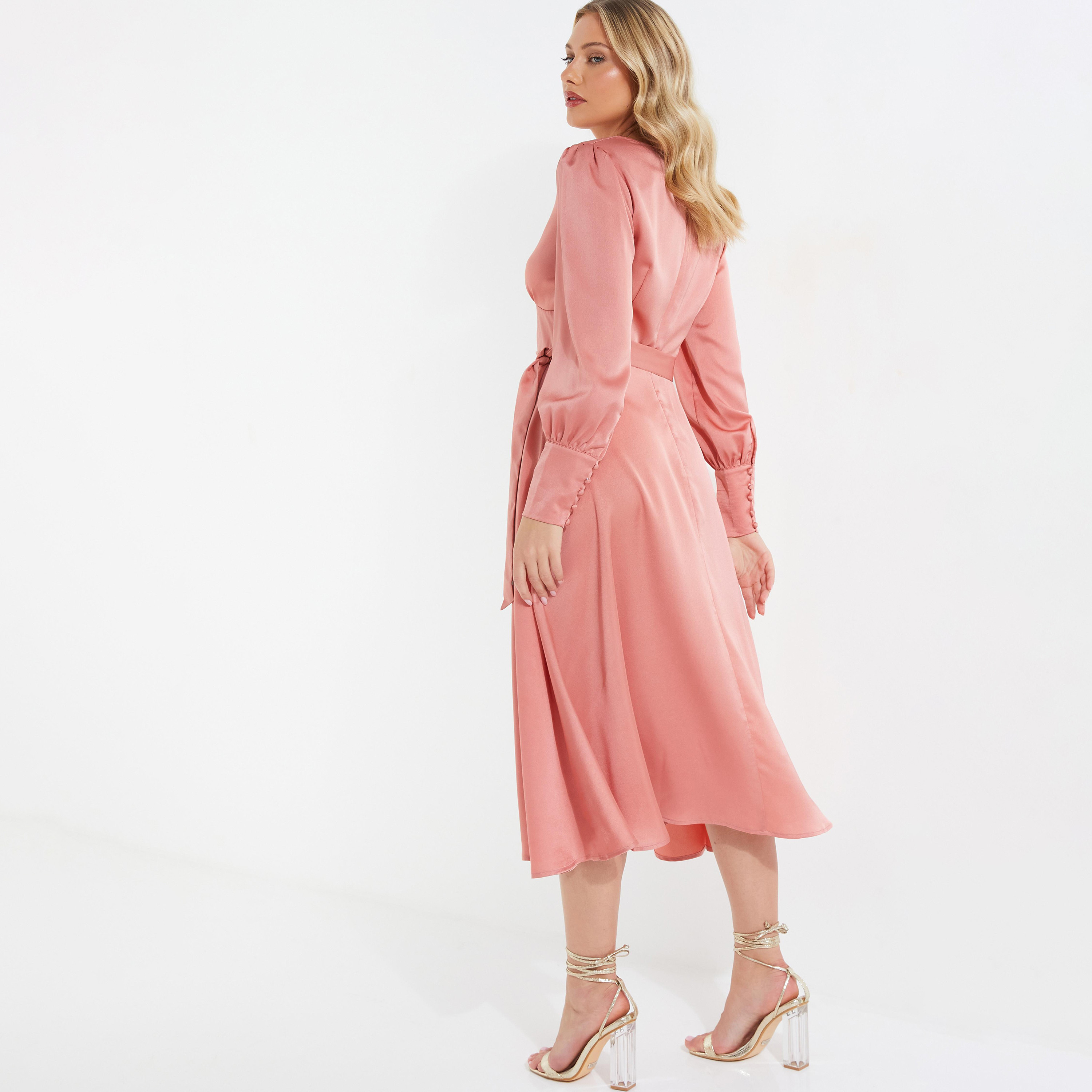 فستان ميدي مع مزين بحزام ربط ذو عنق على شكل فى سادة من كويز ساتان-women-clothing-dresses-image-4