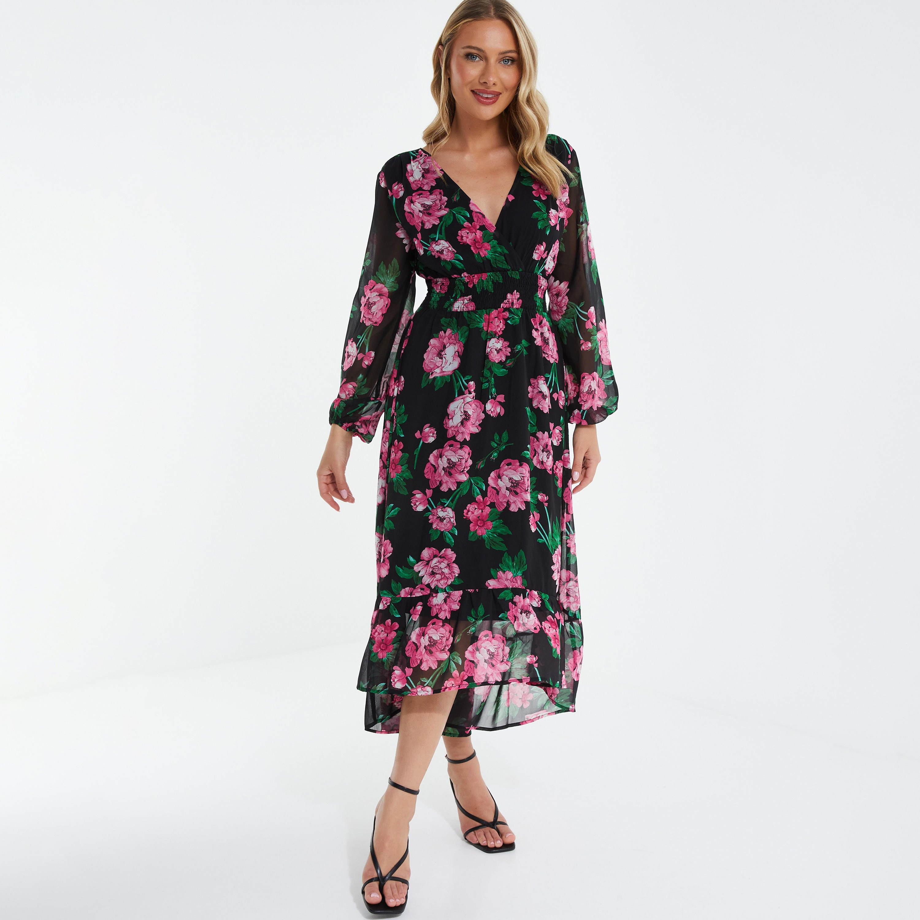 فستان متوسط الطول ملفوف مزين بزهور برقبة على شكل حرف V من كويز-women-clothing-dresses-image-1