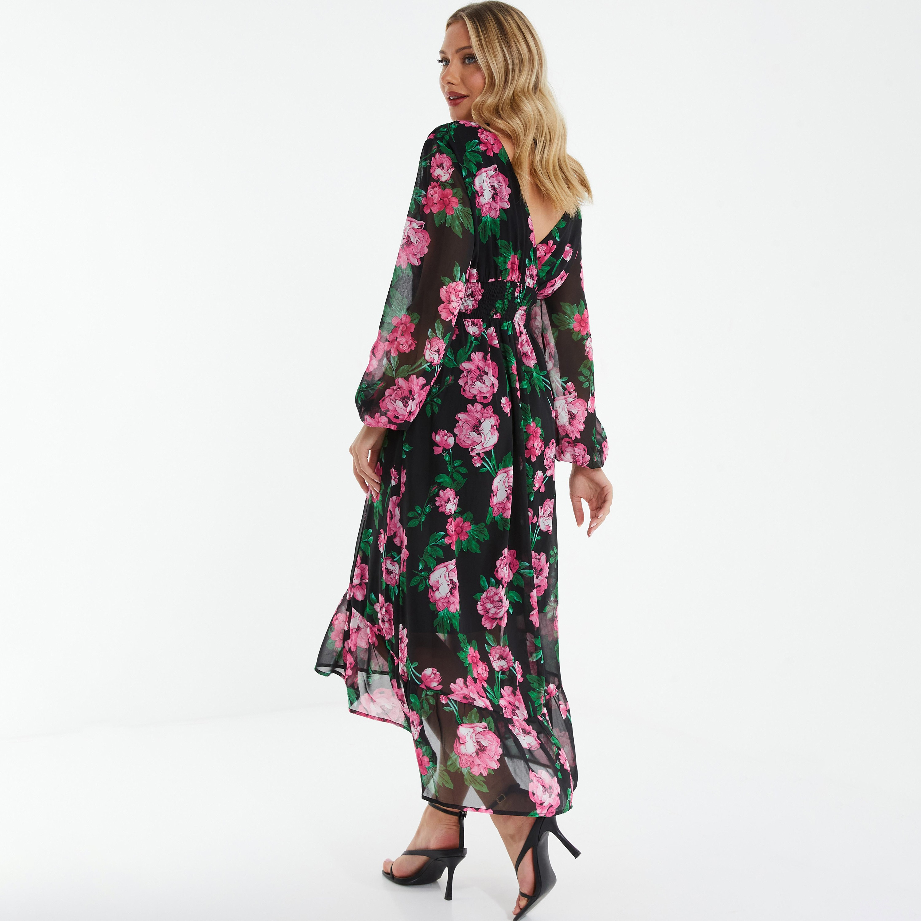 فستان متوسط الطول ملفوف مزين بزهور برقبة على شكل حرف V من كويز-women-clothing-dresses-image-4