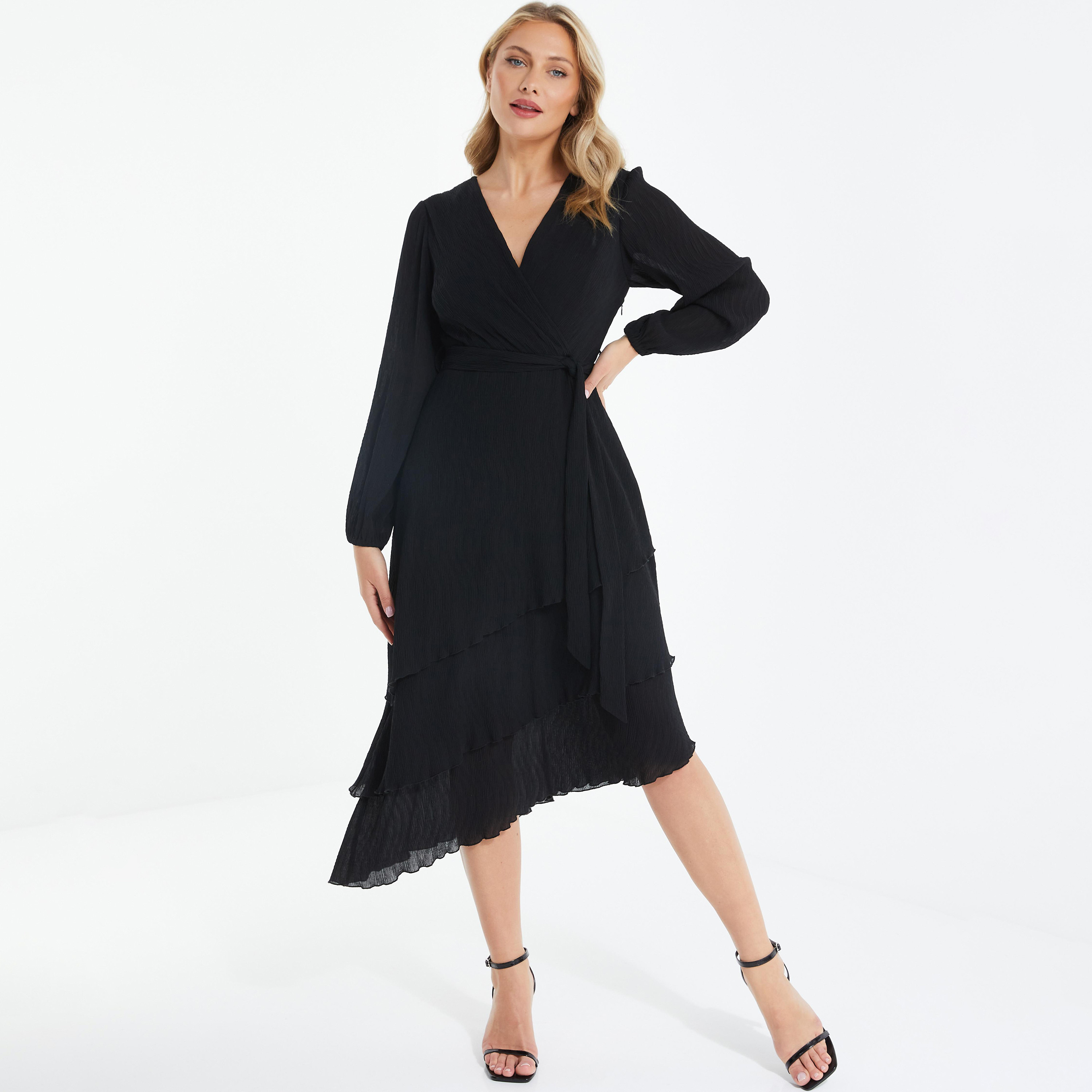 فستان متوسط الطول مزين بالأهداب سادة برقبة على شكل حرف V مع حزام ربطة من كويز-women-clothing-dresses-image-1